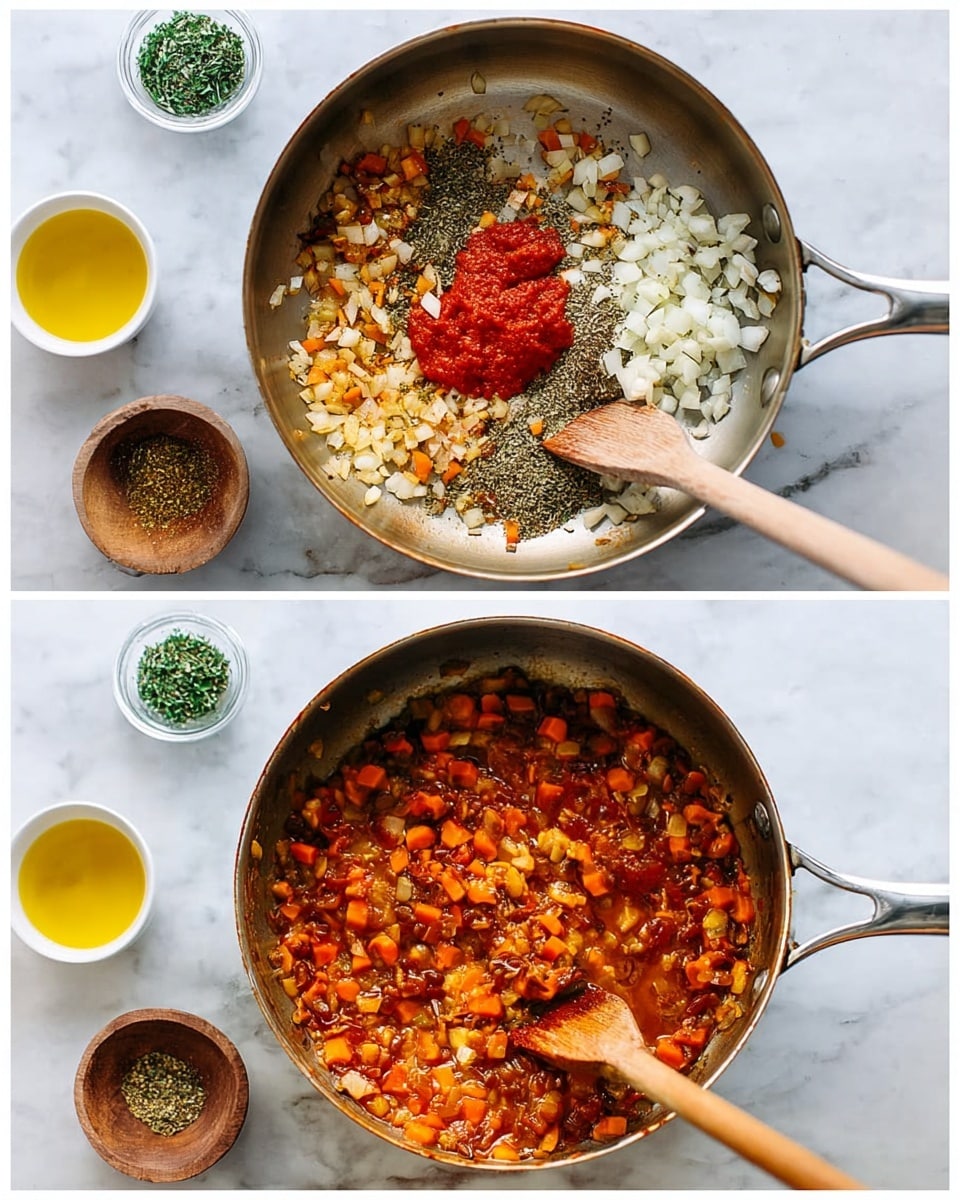 The images show a metal frying pan with a silver handle on a white marbled surface. In the first image, the pan holds three layers: a base of diced white onions and orange carrots, with piles of dried green herbs, black pepper, white salt, and a dollop of bright red tomato paste sitting on top. A wooden spoon rests inside the pan on the right side, its handle extending outwards. The second image shows the same pan with the ingredients all mixed together, now transformed into a chunky, reddish-brown sauce with orange carrot bits and soft onions visible, keeping the wooden spoon resting inside the pan in the same position. Small bowls with green herbs and yellow liquid are seen in the background. Photo taken with an iphone --ar 4:5 --v 7