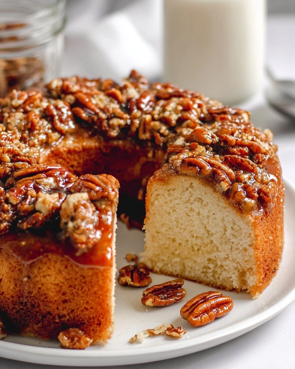 A round cake with one large slice removed sits on a white plate on a white marbled surface. The cake has two main layers: the bottom layer is light golden brown with a soft, spongy texture, while the top layer is a sticky, shiny caramel brown crust covered with whole, glossy pecan nuts. Pieces of pecans and crumbs are scattered around the base of the cake on the plate. In the background, there is a blurry jar and a glass of milk adding context to the dessert setting. Photo taken with an iphone --ar 4:5 --v 7