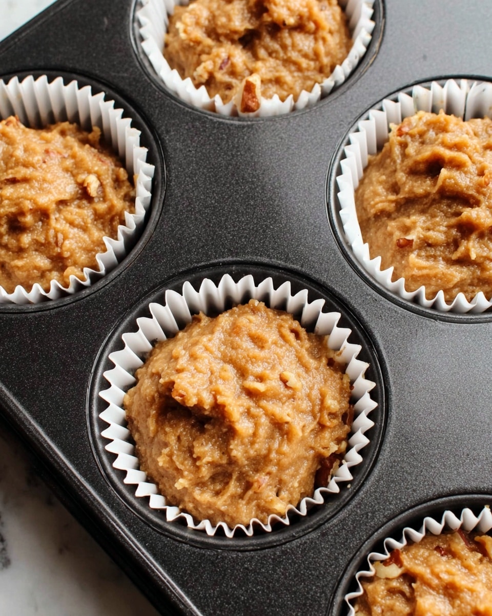 A close-up view of a dark muffin tray holding paper liners filled with thick, light brown batter that has a slightly chunky texture, showing bits of nuts or fruit inside. Each liner is filled unevenly, with the batter piled roughly in the center and the surface having a moist, textured look. The muffin tray is placed on a white marbled surface, highlighting the contrast between the dark tray and the creamy batter. photo taken with an iphone --ar 4:5 --v 7