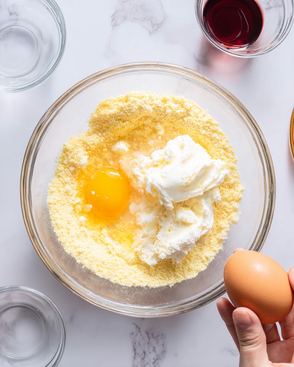 In a clear glass bowl on a white marbled surface, there are four main visible layers: a yellowish, slightly wet powder that fills about half the bowl on the left side, a raw egg yolk with its clear surrounding liquid positioned near the bottom right, a large dollop of white creamy substance on the upper right, and a woman’s hand holding a brown egg just outside the bowl near the bottom right corner. Two empty clear glass bowls and a small cup with dark red liquid are visible at the top edges of the image. The colors are soft with a bright, clean look. Photo taken with an iphone --ar 4:5 --v 7