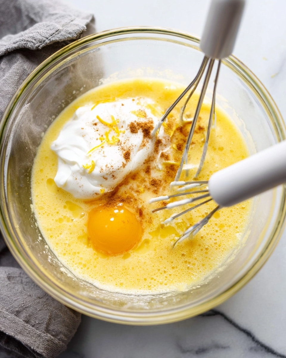 A clear glass bowl contains a mixture with three visible layers: a yellow liquid base, a raw egg yolk resting on the left side, and a dollop of white cream near the center. There are small flecks of yellow zest and brown powder sprinkled over the mixture. Two metal beaters with white attachments are positioned in the bowl, slightly blurred in the foreground. The bowl is placed on a white marbled surface with a gray cloth partially visible at the top left. Photo taken with an iphone --ar 4:5 --v 7