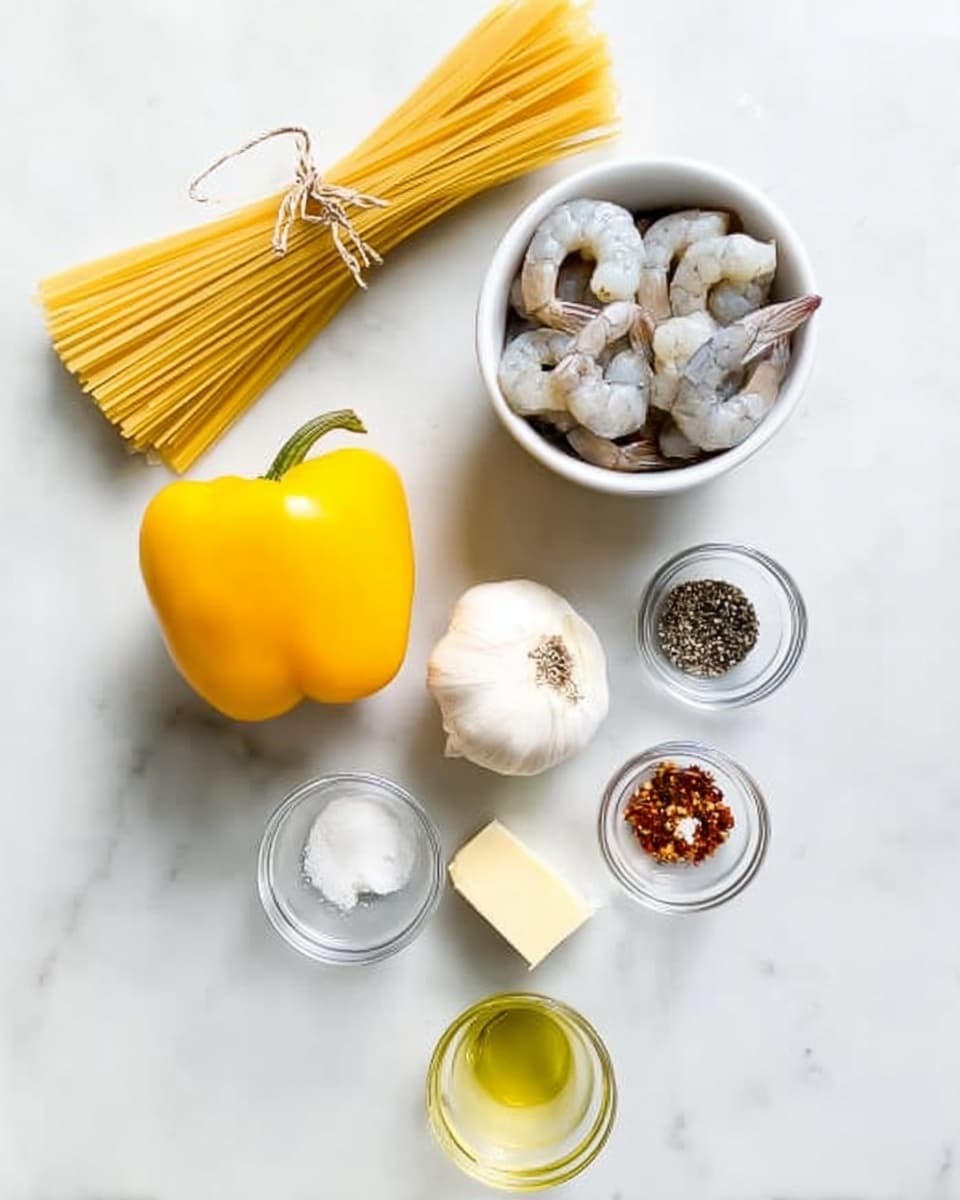 The image shows uncooked yellow spaghetti tied with a string placed near a white bowl filled with raw shrimp with shells on. Below these, there is a bright yellow bell pepper, a small glass bowl of black pepper, a small glass bowl with a square of butter, a bulb of garlic with one peeled clove next to it, a small onion, a small white bowl with red and white spices, and a small glass cup with light yellow oil. All items are on a white marbled surface. Photo taken with an iphone --ar 4:5 --v 7