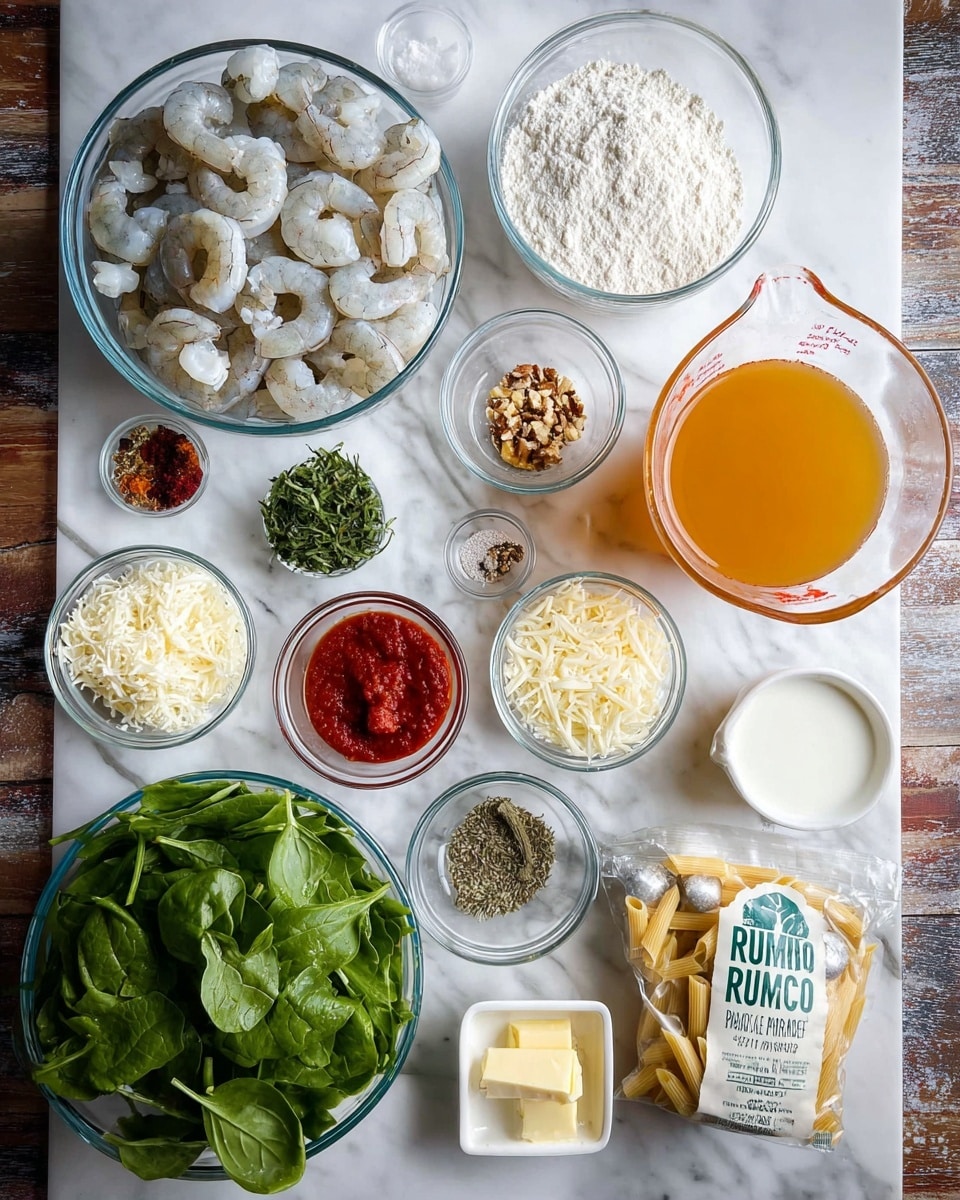 The image shows a top view of many cooking ingredients placed on a white marbled surface. There are two large clear glass bowls, one filled with raw peeled shrimp that are white and grey, and the other with fresh green spinach leaves. Near these are smaller clear bowls with white flour, chopped green herbs, crushed dry garlic, red tomato paste, and light brown crushed nuts. A clear glass measuring cup holds orange broth, and another glass cup holds white cream. Next, a white ceramic bowl is filled with grated white cheese, and a small white dish contains a square piece of pale yellow butter. Two small silver dishes each have a mix of salt, black pepper, and dried green herbs. A package of gluten-free penne pasta is placed near the center. The whole setup is neat and organized for cooking preparation. photo taken with an iphone --ar 4:5 --v 7