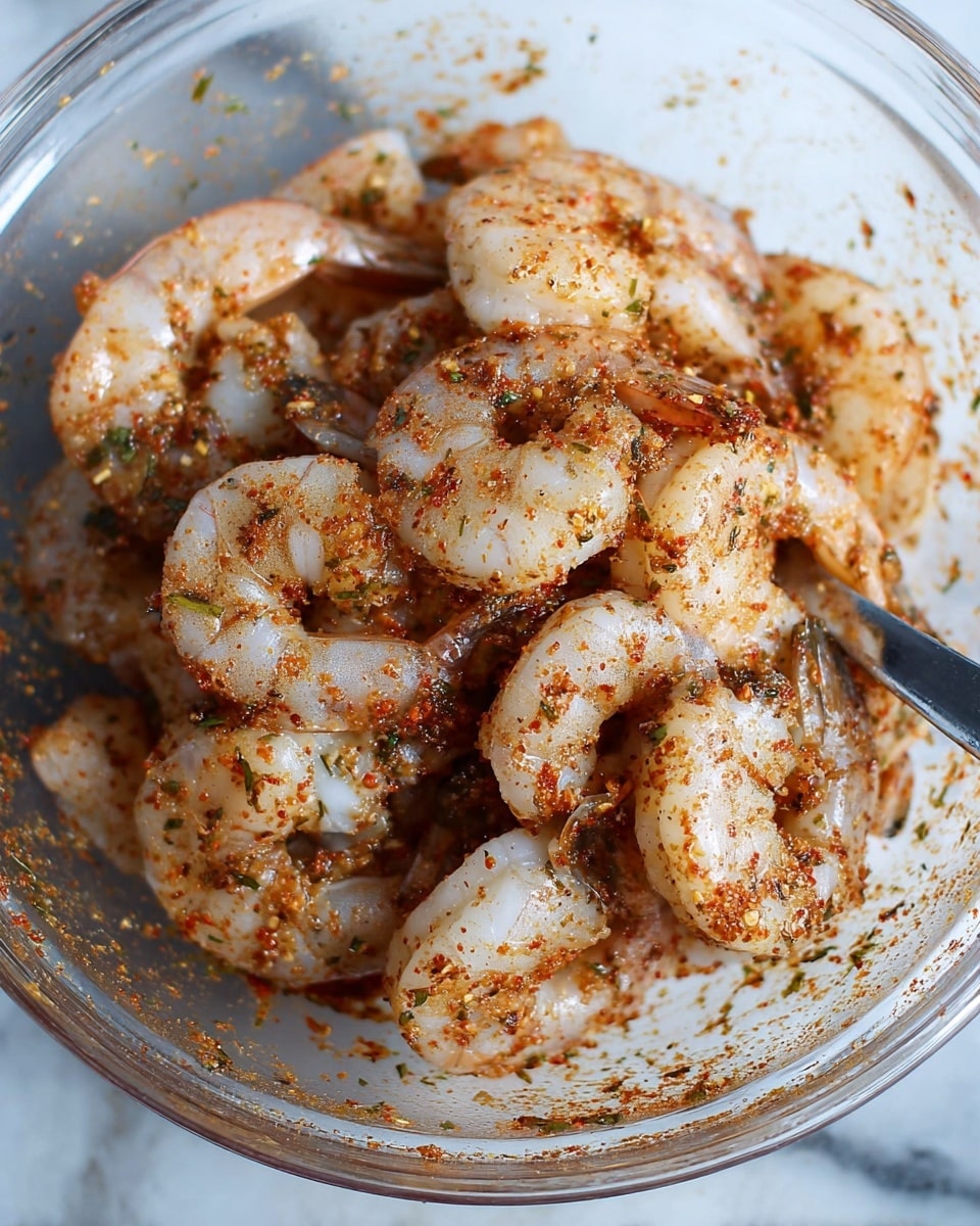 The image shows a close-up of peeled shrimp in a clear bowl mixed with a reddish-brown spice blend coating each shrimp with small herb flakes visible. The shrimp have a smooth, slightly translucent greyish-white body under the spices, and they are arranged in a loose pile, filling most of the bowl with some shrimp slightly overlapping each other. The clear bowl rests on a white marbled surface, and a metal spoon is partially visible on the right side inside the bowl. Photo taken with an iphone --ar 4:5 --v 7