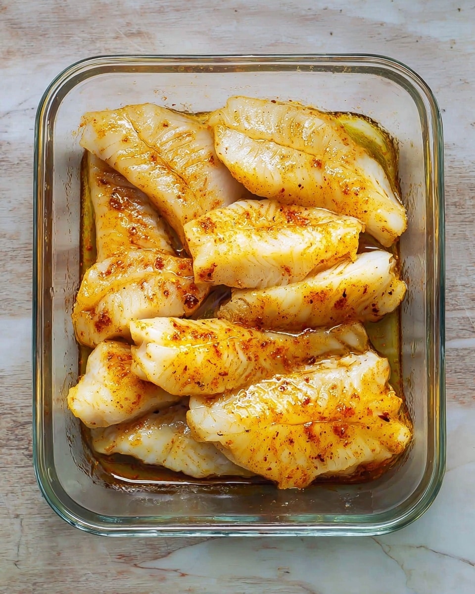 A clear glass baking dish holds eight pieces of white fish fillets with a light golden yellow color from seasoning. The fillets are arranged in a single layer, overlapping slightly, and have a moist, slightly shiny texture with specks of orange-brown spices on the surface. The dish sits on a white marbled texture background. photo taken with an iphone --ar 4:5 --v 7