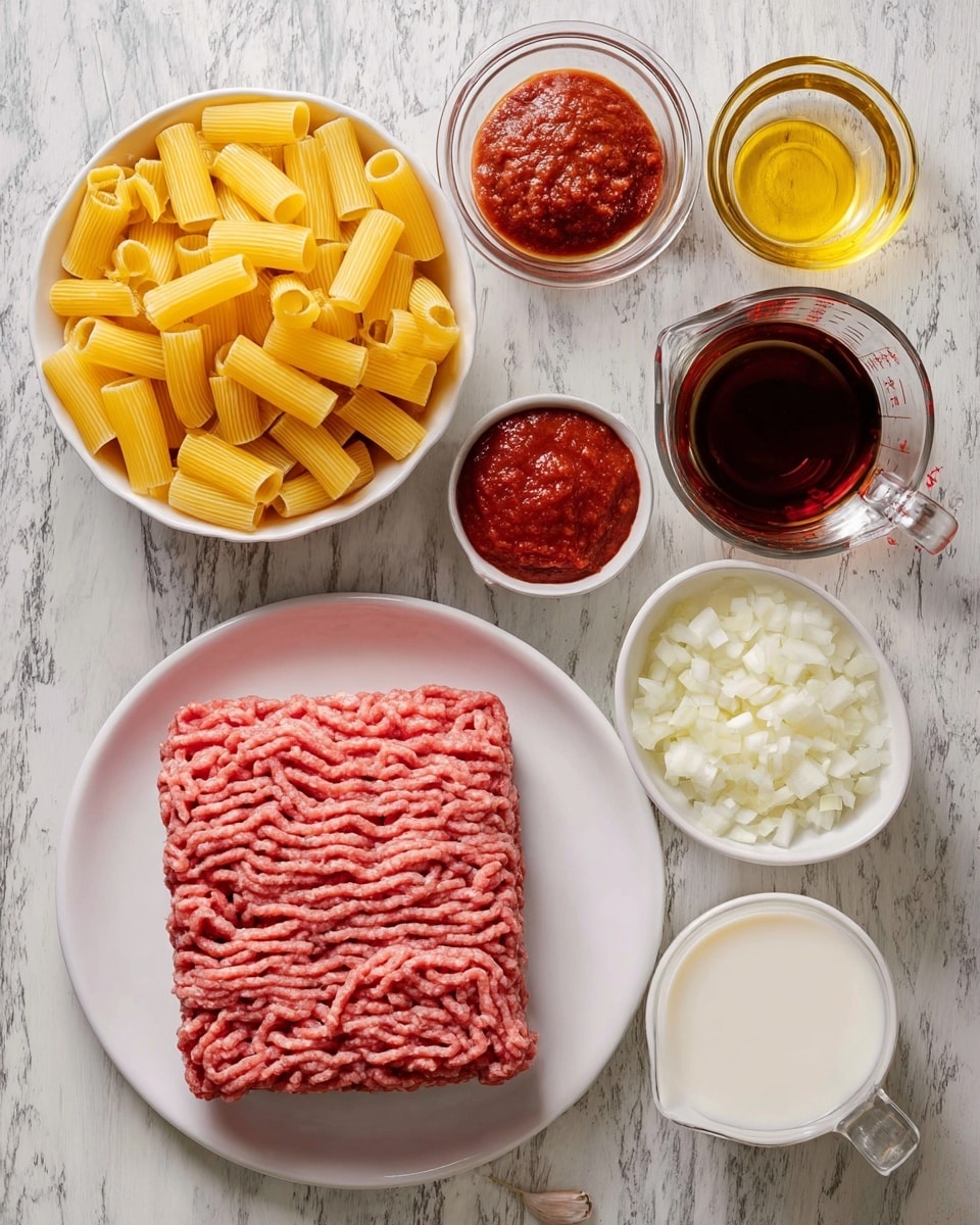 The image shows raw ingredients neatly arranged on a white marbled surface. There is a white bowl filled with yellow rigatoni pasta at the top left, next to a small clear glass container with golden cooking oil and a small white bowl of thick red tomato paste above it. On the right side, there is a glass measuring cup filled with dark broth. Below, a large white plate holds a block of raw pink ground meat with visible textured lines. Under the plate, a small white bowl holds finely chopped white onions, next to a clear glass measuring cup containing white milk. There is also a small white bowl with minced garlic to the left and another small white bowl containing red tomato paste near the bottom right. All items are arranged from top to bottom and left to right, clearly showing each ingredient. Photo taken with an iphone --ar 4:5 --v 7