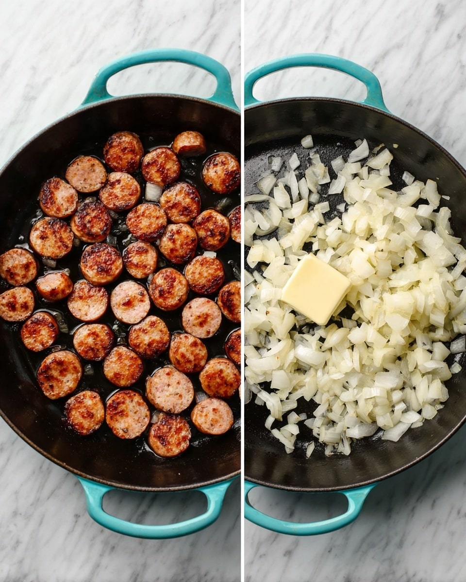The image shows two views of a turquoise-handled black cast iron pan on a white marbled surface. The left side has one layer of round, browned sausage slices evenly spread out, showing a crispy texture with a mix of light and dark brown tones. The right side shows a layer of chopped white onions covering half the pan, with a small square of butter melting beside them, creating a shiny, soft look on the black pan surface. Photo taken with an iphone --ar 4:5 --v 7