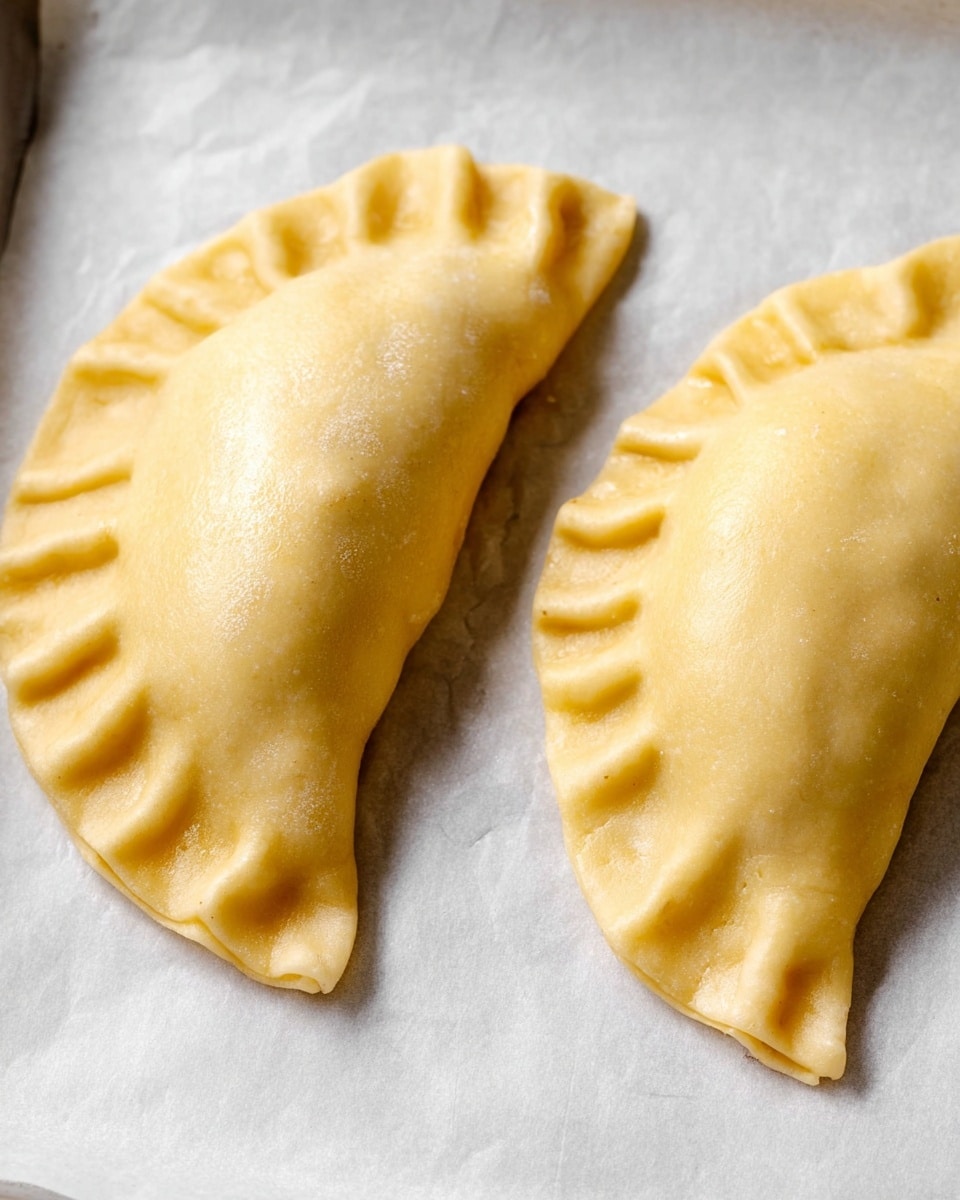 Two uncooked empanadas are placed side by side on a sheet of white parchment paper, which is on a baking tray. Each empanada is half-moon shaped with a golden, smooth dough that has been folded and pressed along the edges in a ripple pattern. The dough looks soft with a slight shine, evenly covering the filling inside. The tray and paper background form a simple, clean setting, focusing attention on the detailed, plump dough shapes. photo taken with an iphone --ar 4:5 --v 7