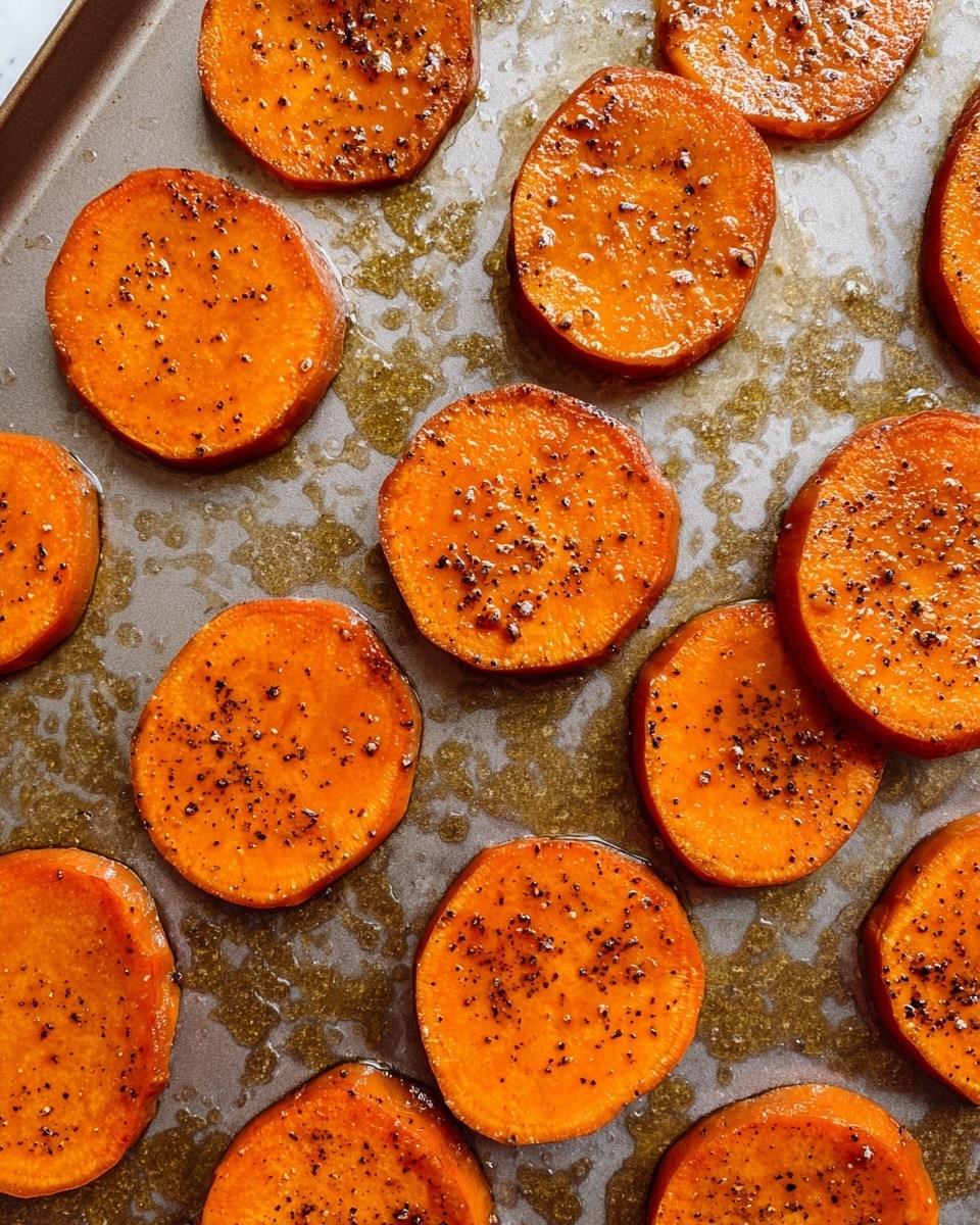 This image shows one layer of round orange slices of sweet potato, each about the same size, spread out on a metal baking sheet. The sweet potato slices have darker orange texture with some black pepper sprinkled on top, and they look shiny from the oil that coats them. The baking sheet has a slightly oily surface with some small bubbles and spots around the slices. The background is a white marbled texture. photo taken with an iphone --ar 4:5 --v 7