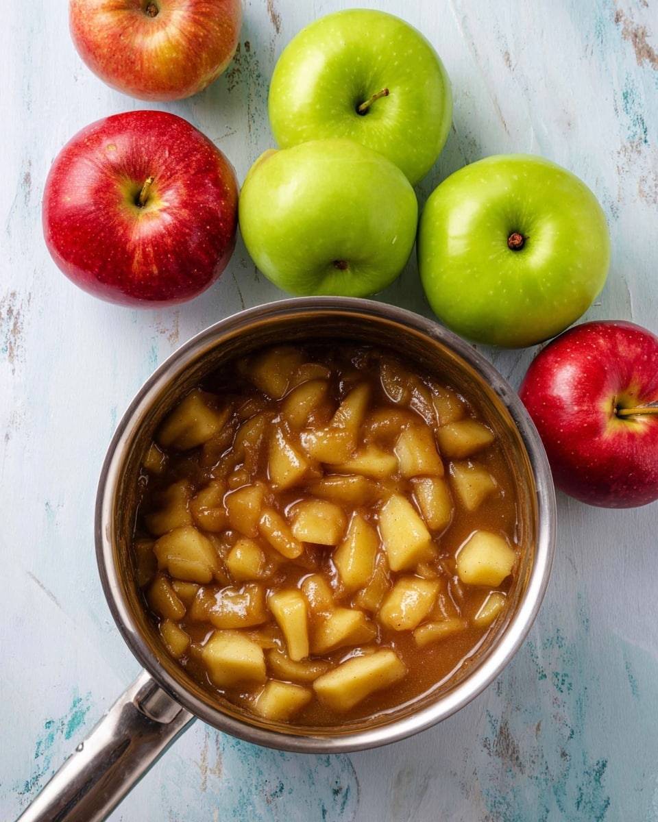 A shiny metal pot filled with soft, shiny chunks of cooked apples in a light brown cinnamon sauce sits on a white marbled surface. Behind the pot, there are five whole apples: three green apples with a smooth bright green skin, and two red apples with a glossy mix of red and yellow shades. The apples have small stems at the top, and the pot’s handle extends out to the left side of the image. The background surface has a worn, textured look but is white marbled in this version. photo taken with an iphone --ar 4:5 --v 7
