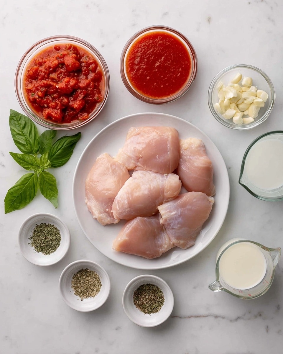 The image shows raw chicken pieces placed on a white plate in the center on a white marbled surface. To the left of the plate, there are two small glass bowls with red sauces—one with chunky tomatoes and the other with a smooth tomato sauce. Fresh green basil leaves are placed near the sauces. To the right of the plate, three small glass bowls hold minced garlic, a white powder, and a clear liquid measuring cup filled with milk. At the bottom, there are three small white dishes containing different dried herbs and a mix of salt and pepper. The overall layout is neat and the colors are natural and fresh, giving a clear view of each ingredient. photo taken with an iphone --ar 4:5 --v 7