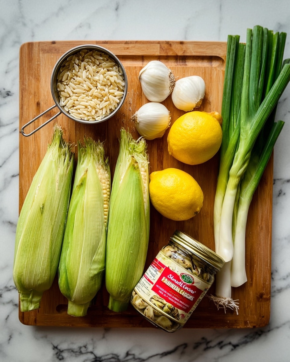 Three ears of corn with green husks sit in a row on the left side of a wooden board. In the middle are two bright yellow lemons and five small white garlic cloves. A metal measuring cup filled with uncooked orzo pasta rests at the top center, while five green onions with white bulbs are laid out vertically to the right of the lemons and garlic. On the far right side of the board, there is a jar of grilled artichoke hearts with a red lid and label. The wooden board is placed on a white marbled surface. photo taken with an iphone --ar 4:5 --v 7
