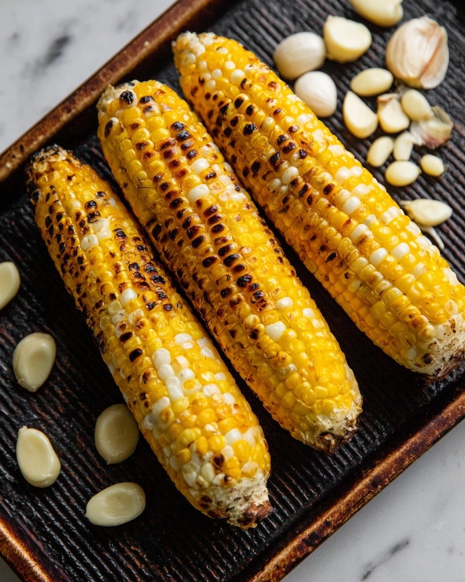Three grilled corn ears with bright yellow and white kernels, featuring dark brown and black grill marks spread unevenly across each ear, lie side by side on a dark textured tray. Around the corn, several peeled garlic cloves with a smooth, off-white surface are scattered casually. The scene is set on a white marbled texture. photo taken with an iphone --ar 4:5 --v 7