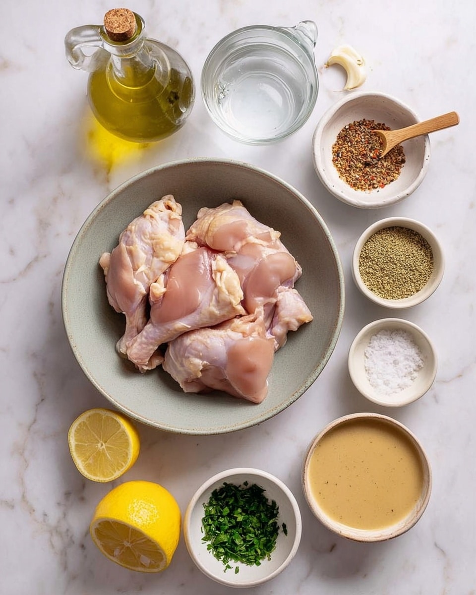 The image shows an overhead view of raw chicken thighs in a grey bowl placed in the center on a white marbled surface. Around the bowl, there are seven smaller white bowls and containers: at the top left is a glass bottle of olive oil with a handle, to its right a white bowl with mixed dry spices and a small wooden spoon inside. Further right is a small clear glass of water with a wooden handle. Below that, a bowl filled with a smooth beige sauce, to its right a white bowl with minced garlic, below that is half a lemon cut open, next to a small glass with yellow lemon juice inside. To the left of the lemon are two small white bowls, one with chopped green herbs and the other with coarse salt. The colors are natural and soft, highlighting each ingredient clearly with a clean, simple look. Photo taken with an iphone --ar 4:5 --v 7