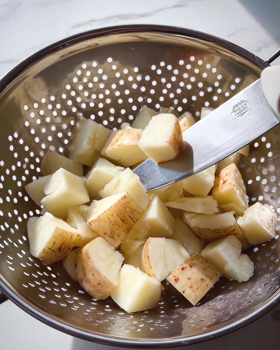The image shows many pieces of peeled potato cut into small cubes with light brown skin and white inside, placed inside a silver metal colander with many small holes. A white-handled knife is holding one piece of potato above the colander. The background is a white marbled surface. photo taken with an iphone --ar 4:5 --v 7