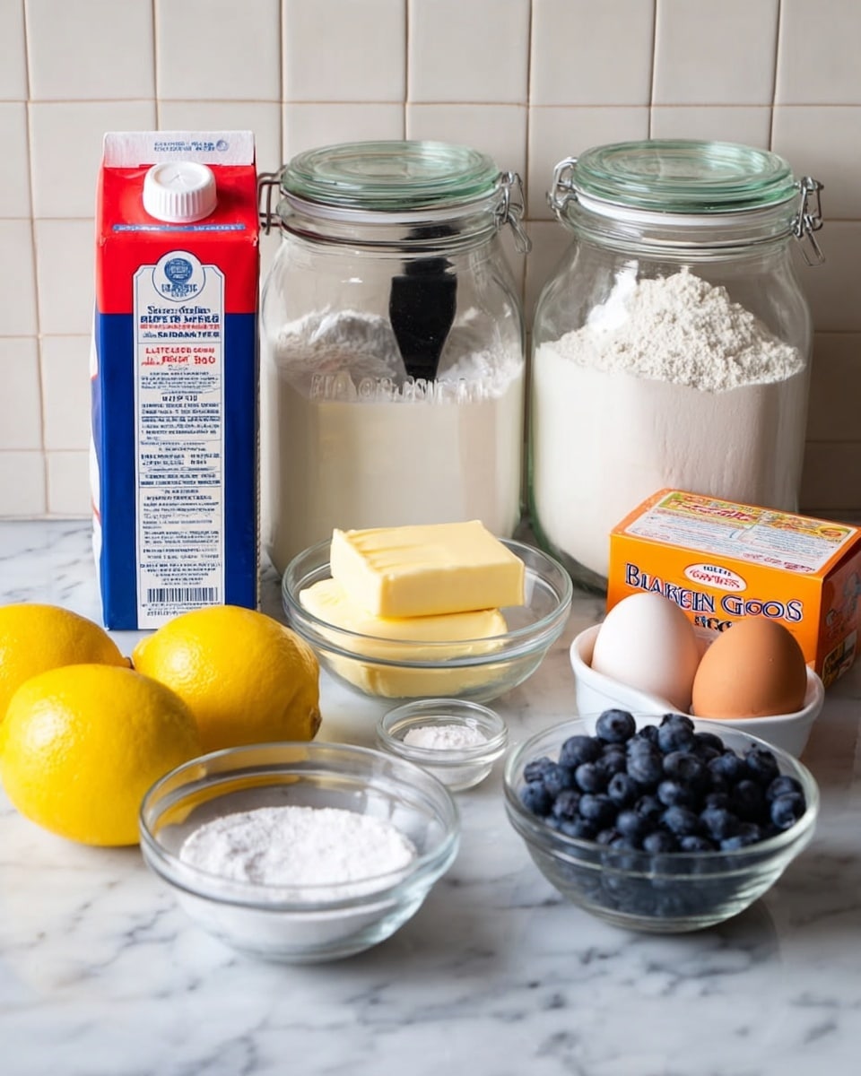 The image shows a white marbled surface with ingredients arranged neatly for baking. There are two glass jars with clear lids, one filled with white flour and a black scoop inside, and the other filled with white sugar. To the left, a red, blue, and white carton of milk stands upright. In front of the jars and milk carton, two yellow lemons sit side by side, next to a small white bowl filled with salt. Beside the salt bowl is a small clear glass bowl containing white powdered sugar, and another clear glass bowl filled with fresh blueberries. To the right, two small packs of unsalted butter sit side by side, with two brown eggs placed nearby. Finally, an orange box of baking soda is placed on the far right. The background is a white tiled wall. The photo taken with an iphone --ar 4:5 --v 7