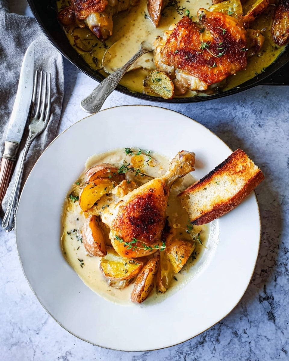 A white plate shows one crispy, golden brown chicken leg placed slightly off center, sprinkled with small green thyme leaves. Underneath the chicken is a creamy sauce with browned potato wedges partially soaked in it, showing a smooth, light beige texture with herbs mixed in. To the top right of the chicken, there is a piece of crusty bread with a toasted golden top and white crumb inside. A silver knife and fork lie crossed to the left side on the plate. Above the plate, a black cast iron pan filled with more golden chicken pieces, browned potato wedges, and creamy sauce is partially visible on a white marbled surface. A silver spoon rests inside the pan. photo taken with an iphone --ar 4:5 --v 7