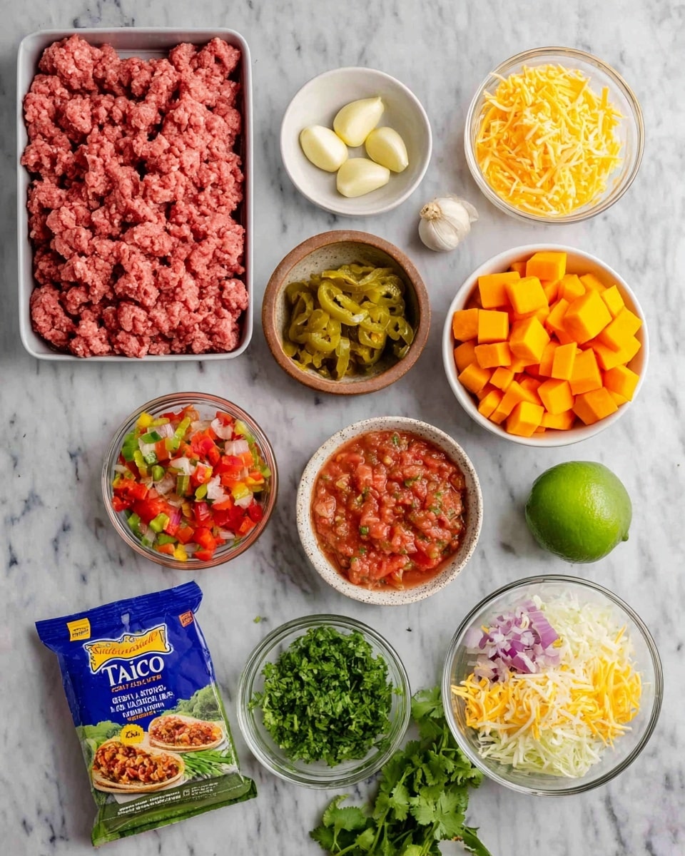 The image shows several cooking ingredients neatly arranged on a surface with a white marbled texture. At the top left is a rectangular tray filled with raw ground meat in a textured pinkish-red color. To the right of it, a small white bowl contains four garlic cloves with smooth pale yellow skin. Below the garlic, a small brown bowl holds chopped green peppers. In the center left, there is a white bowl full of bright orange cubed sweet potatoes. To its right, a white bowl contains chunky red salsa with small pieces of vegetables. Next to the salsa is a whole lime with a bright green, shiny skin. Below the lime, a small white bowl is filled with chopped fresh green cilantro leaves. In the center bottom, a white bowl holds shredded yellow and white cheese mixed together. To the right, a clear bowl contains diced white onions. At the bottom left, a glass bowl contains diced red bell peppers in different shades of red. Next to it is a blue packet labeled
