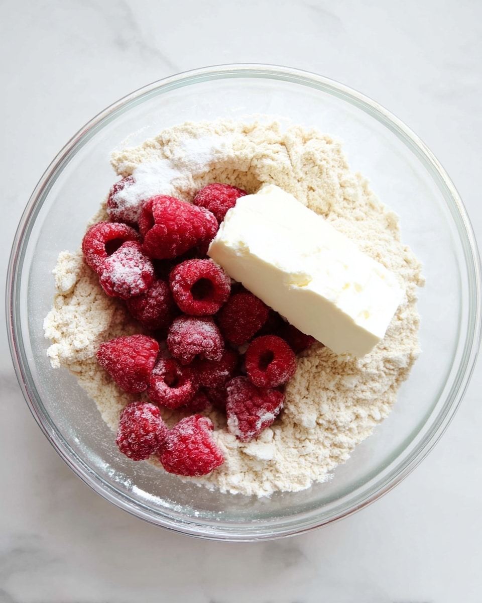A clear glass bowl sits on a white marbled surface filled with three visible layers: the bottom layer is light beige flour with a powdery texture, the middle layer contains bright red raspberries with a slightly frosted look, and the top layer has a block of soft, white cream cheese with a smooth and creamy texture placed slightly off-center. The ingredients are unmixed and clearly separated within the bowl. Photo taken with an iphone --ar 4:5 --v 7