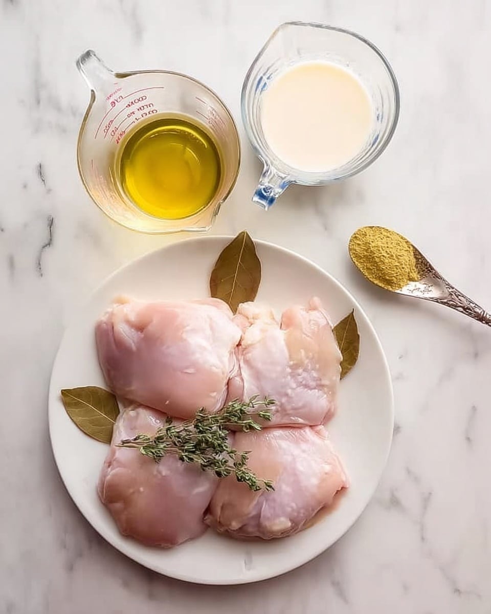 The image shows a white plate with three raw pale pink chicken pieces arranged in the center, topped with a small green thyme sprig and two brown bay leaves. To the left of the plate, there are two clear glass measuring cups; the top one contains a light yellow liquid, and the bottom one has a creamy white liquid. On the right side of the plate, a small spoon holds a mound of yellow seasoning. All items are placed on a white marbled surface. Photo taken with an iphone --ar 4:5 --v 7
