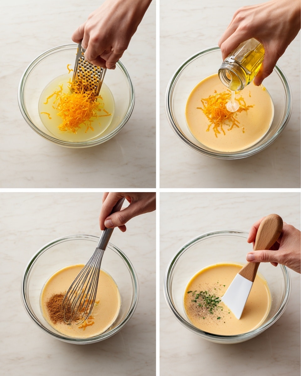 Four images show steps to make a sauce in a clear glass bowl placed on a white marbled surface. In the first image, a woman's hand is grating orange zest into the bowl, where there is a pale yellow liquid and bright orange zest strands floating on top. In the second image, a woman's hand is whisking a thick, light orange mixture with some brown ground spice on one side of the mixture. The third image shows a woman's hand pouring golden oil from a glass bottle into the smooth light orange mixture while another woman's hand holds a white spatula mixing it. The last image displays a woman's hand sprinkling salt and pepper from a wooden grinder into the bowl with the spatula mixing the creamy orange sauce that has some green herb leaves in it. Photo taken with an iphone --ar 4:5 --v 7