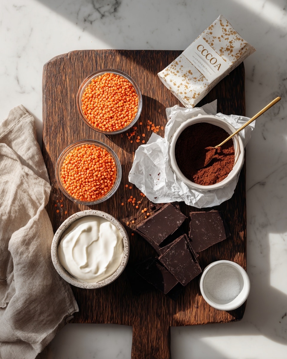 A dark wooden board holds various ingredients placed neatly on a white marbled surface. On the board, there are two clear bowls filled with small orange lentils near the top left and middle left side. Below the lentils on the left is a small speckled bowl filled with smooth white yogurt. Near the center, broken chunks of dark chocolate are scattered, some spilling out of a crumpled white paper wrapper. To the top right, a white bowl contains dark brown cocoa powder with a gold spoon labeled