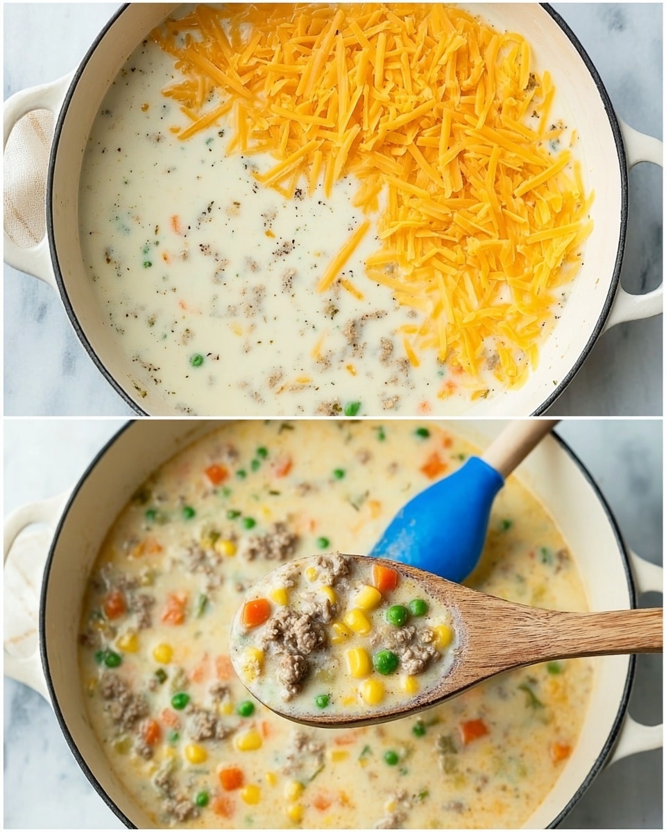 The image shows two views of a creamy soup cooking in a white bowl on a white marbled surface. The first view displays a close-up of the creamy white soup base with bright orange shredded cheese scattered on top, and a blue spatula stirring gently from the right side. The second view shows the soup fully mixed with visible layers of ground meat, small green peas, diced orange carrots, and bits of yellow corn, all suspended in the pale creamy broth. A wooden spoon is lifting a spoonful of the chunky, hearty soup from the bowl. photo taken with an iphone --ar 4:5 --v 7