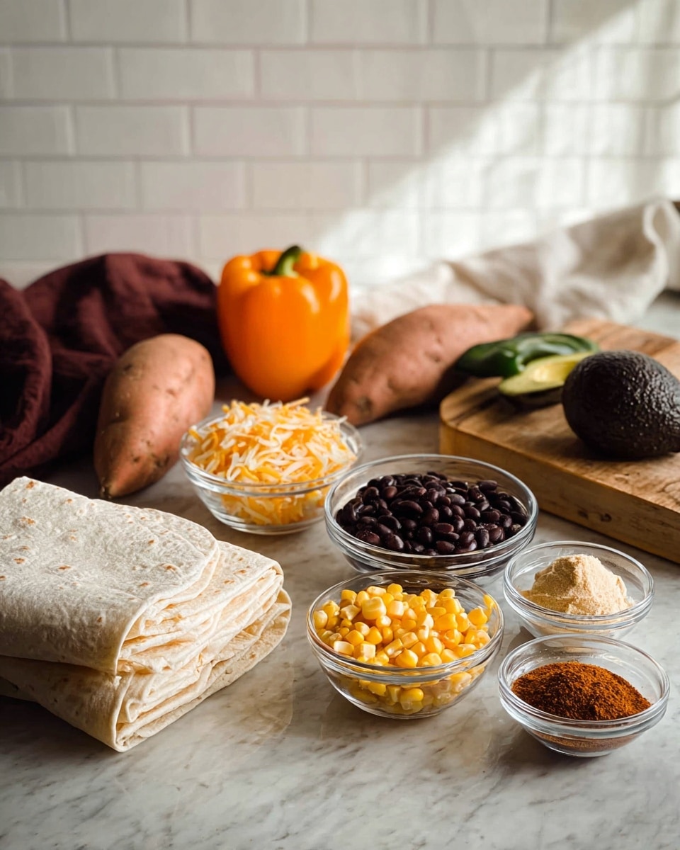 The image shows several ingredients placed on a white marbled surface. At the front left, there is a stack of folded white tortillas. Behind the tortillas, there are small clear glass bowls containing yellow corn kernels, orange-red seasoning powder, and finely mashed white substance, likely garlic or cheese. To the right of these bowls is a larger glass bowl filled with shredded yellow and white cheese. Next to this, there is another large clear bowl with black beans. On a wooden board behind these bowls are two whole sweet potatoes, a dark green avocado, a green chili pepper, and an orange bell pepper. A white cloth and a reddish-brown cloth are casually draped in the background against a white tiled wall. Photo taken with an iphone --ar 4:5 --v 7