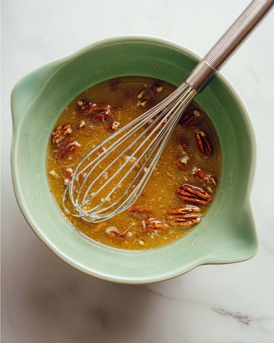 A light green mixing bowl filled with a shiny, thick golden-brown liquid that contains many whole and halved pecans floating on the surface. Inside the bowl, there is a metal whisk partially submerged in the mixture. The bowl sits on a white marbled surface, and the shiny texture of the liquid reflects light softly, showing a mix of smooth and chunky textures from the pecans photo taken with an iphone --ar 4:5 --v 7