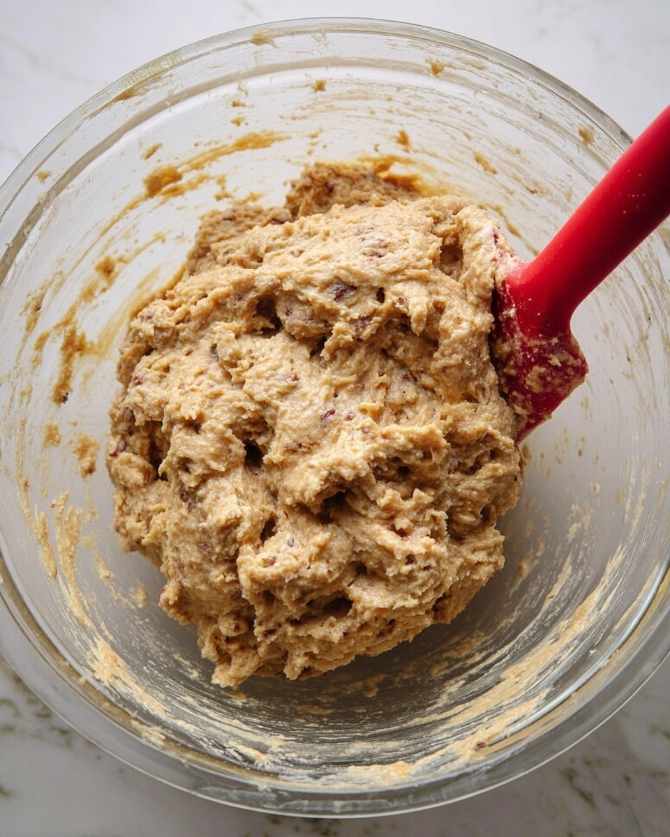 A clear glass bowl sits on a white marbled surface, filled with a thick, light brown dough mixed with small darker bits throughout. The dough appears soft and dense with a slightly rough texture. A red silicone spatula is partially submerged on the right side, lifting part of the dough. The bowl’s sides show smudges and streaks of the same dough, indicating it has been stirred. The lighting is natural and even, highlighting the dough’s texture and the transparent quality of the bowl photo taken with an iphone --ar 4:5 --v 7