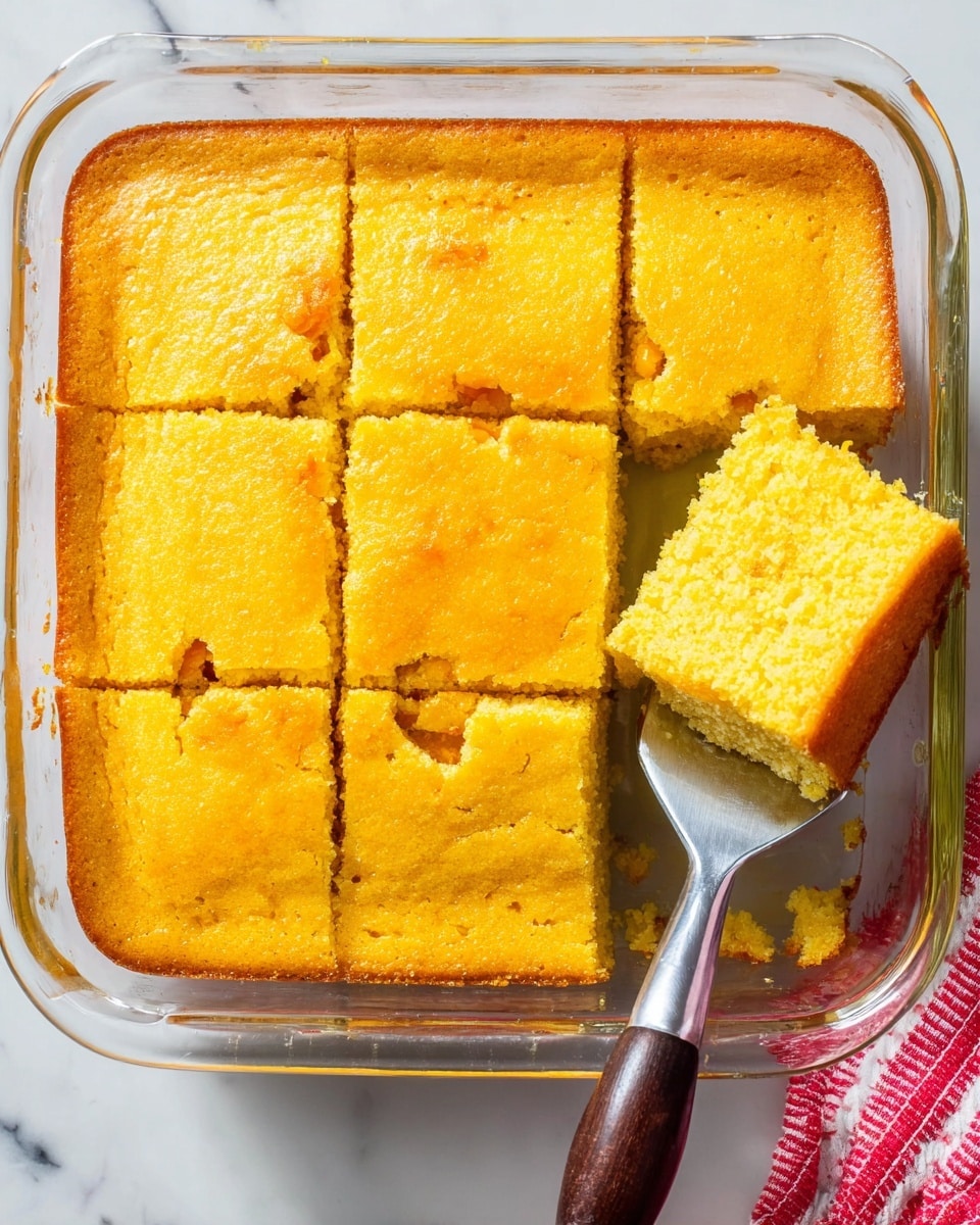 A top view of a square glass baking dish with golden yellow cornbread cut into nine pieces. One piece is lifted by a metal spatula with a dark wooden handle, showing a soft crumb texture. The cornbread has a slightly browned top with some cracks and a moist interior. The dish sits on a white marbled surface, and a part of a red and white cloth is visible on the right side. Photo taken with an iphone --ar 4:5 --v 7