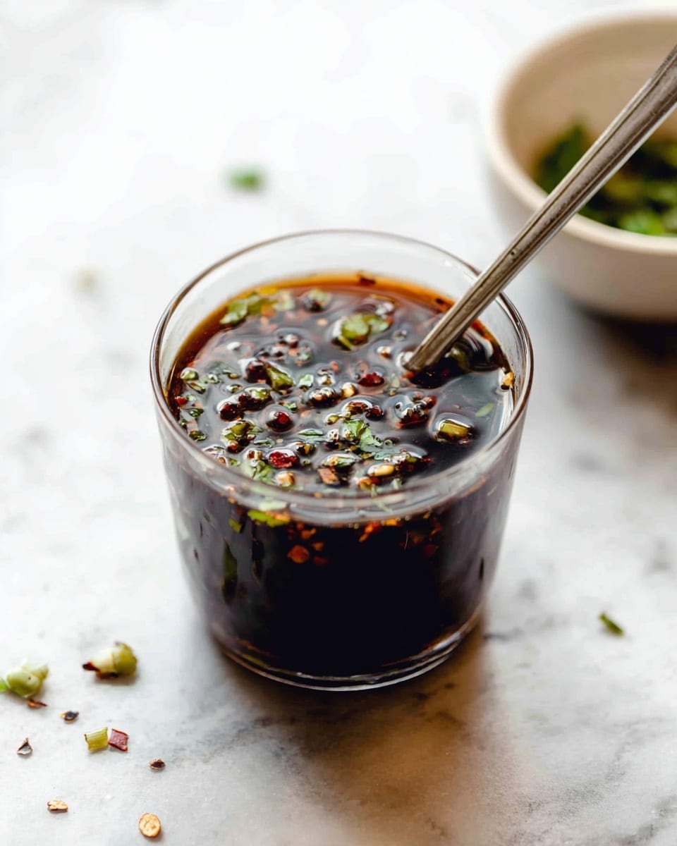 The image shows a clear glass containing a dark sauce with small pieces of chopped green herbs and red spices floating on the surface. A metal spoon is inside the glass, resting against the side. In the blurred background, there is a white bowl with a small amount of green herbs visible inside. The scene is set on a white marbled surface with a few small herb pieces scattered around. photo taken with an iphone --ar 4:5 --v 7