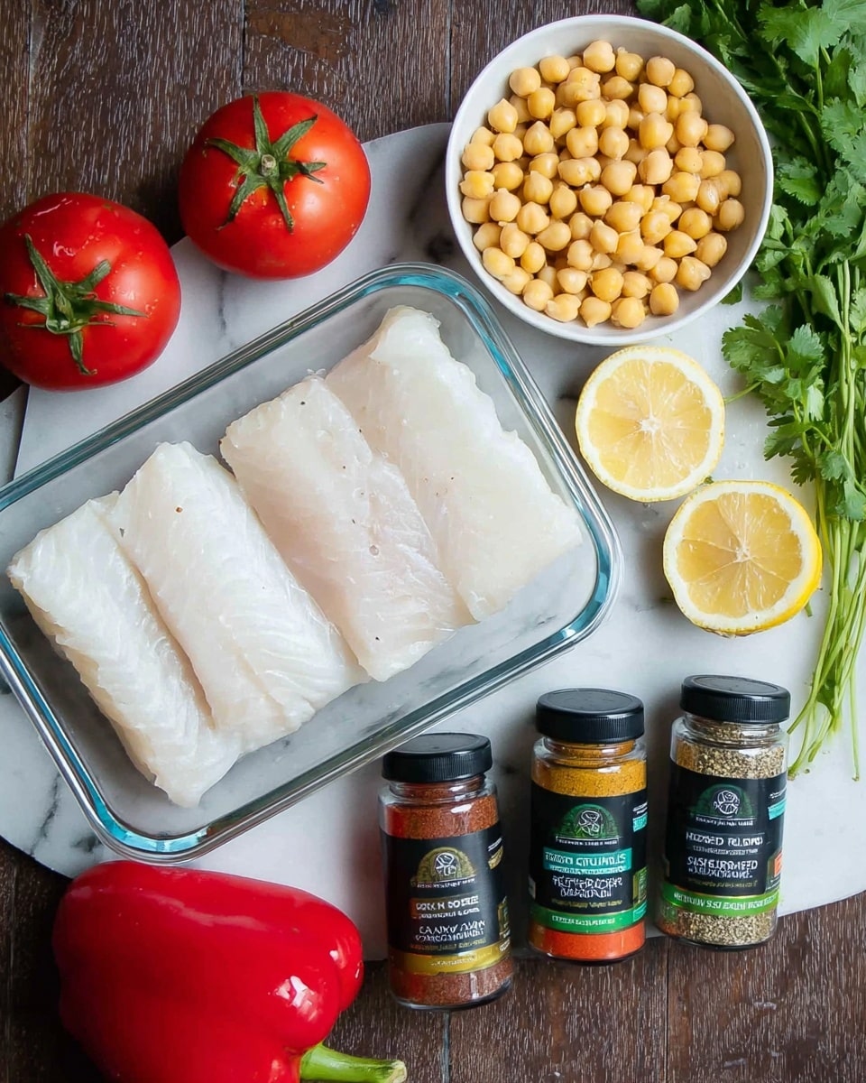 This image shows four pieces of white fish fillets with a soft, smooth texture, placed in a clear rectangular glass dish in the center on a white marbled surface. Around the dish, there are fresh ingredients: two whole round red tomatoes with green stems at the top left, a white bowl filled with yellow-beige chickpeas at the top center, two lemon halves with bright yellow skin and juicy interiors to the right of the bowl, and a bunch of fresh green cilantro with thin stems to the far right. Below the fish dish, there is one whole smooth red bell pepper with a green stem, and to the left of it, three small jars of spices with black lids and green labels — labeled as