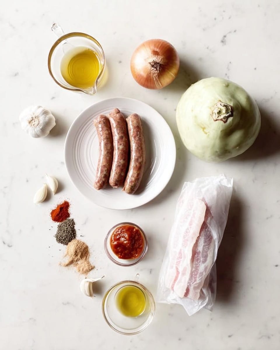 The image shows raw food ingredients laid out on a white marbled surface. There is one round light green kohlrabi at the top right. Two raw brown sausages wrapped in white paper are placed in the center right. To the left of the sausages is a white plate with two strips of uncooked bacon stacked side by side. A small glass bowl with black pepper is near the bottom left, and next to it are two small piles of ground spices, one red and the other greenish brown, in a white measuring cup. Below the sausages is a small glass bowl with a reddish tomato paste. Above the tomato paste, a small peeled onion and a peeled garlic clove are scattered on the surface. At the top left, there is a small white bowl with yellow oil or broth. Near the bottom center is a small glass bowl with clear oil. Photo taken with an iphone --ar 4:5 --v 7