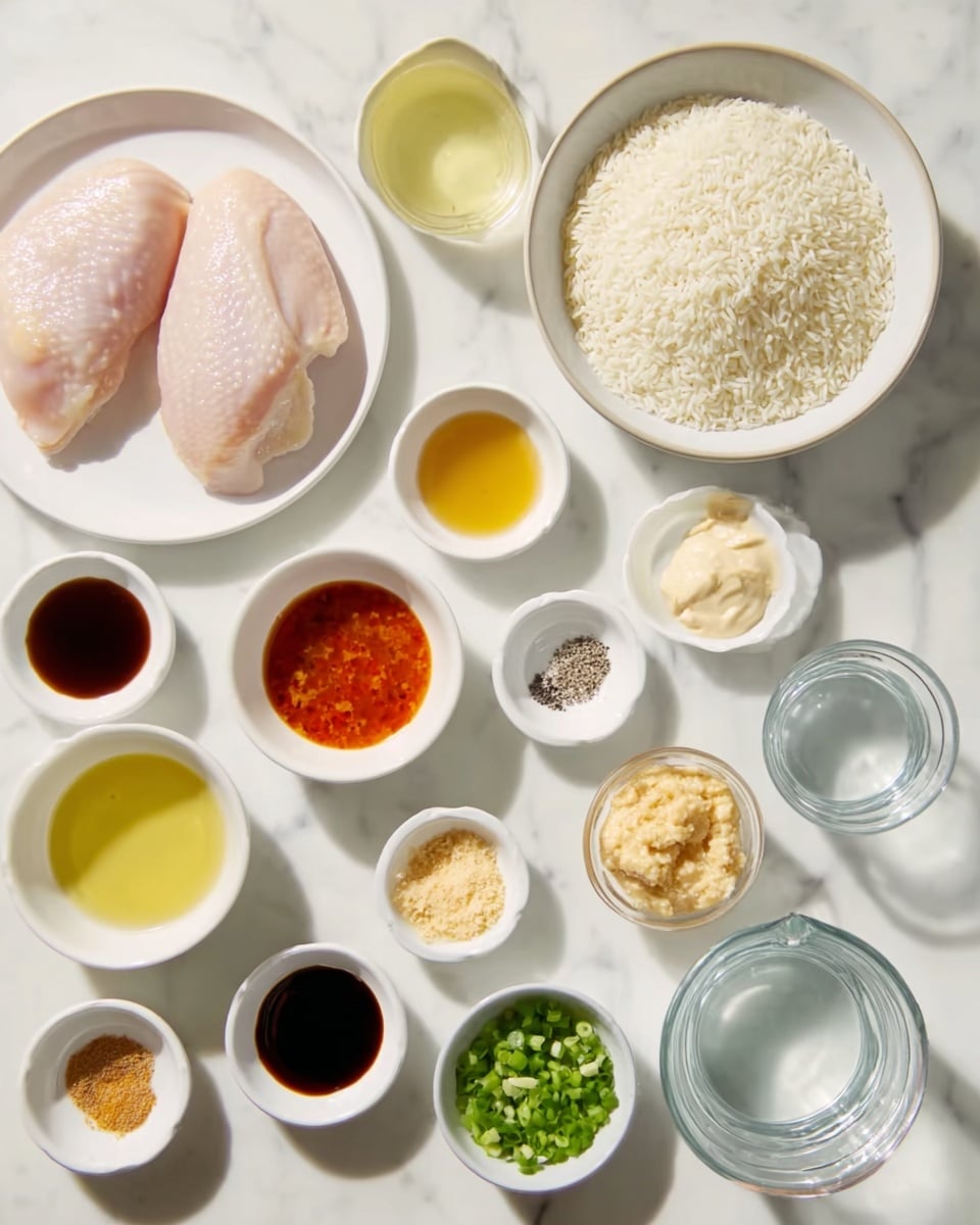 The image shows 15 small white dishes arranged on a white marbled surface, each containing different cooking ingredients. On the left side, there is a white plate holding two raw pale pink chicken pieces. Above the plate is a bowl filled with uncooked white rice. Surrounding these main items are small bowls with various colored sauces and pastes: light yellow oil, creamy white mayonnaise, reddish-orange sauce, dark brown soy sauce, golden honey, bright green chopped scallions, pale yellow ginger paste, and light orange sauce. Two tiny bowls hold white salt and black pepper. On the right side, there’s a clear glass measuring cup filled with water. The lighting is bright and natural, showing the textures clearly. photo taken with an iphone --ar 4:5 --v 7