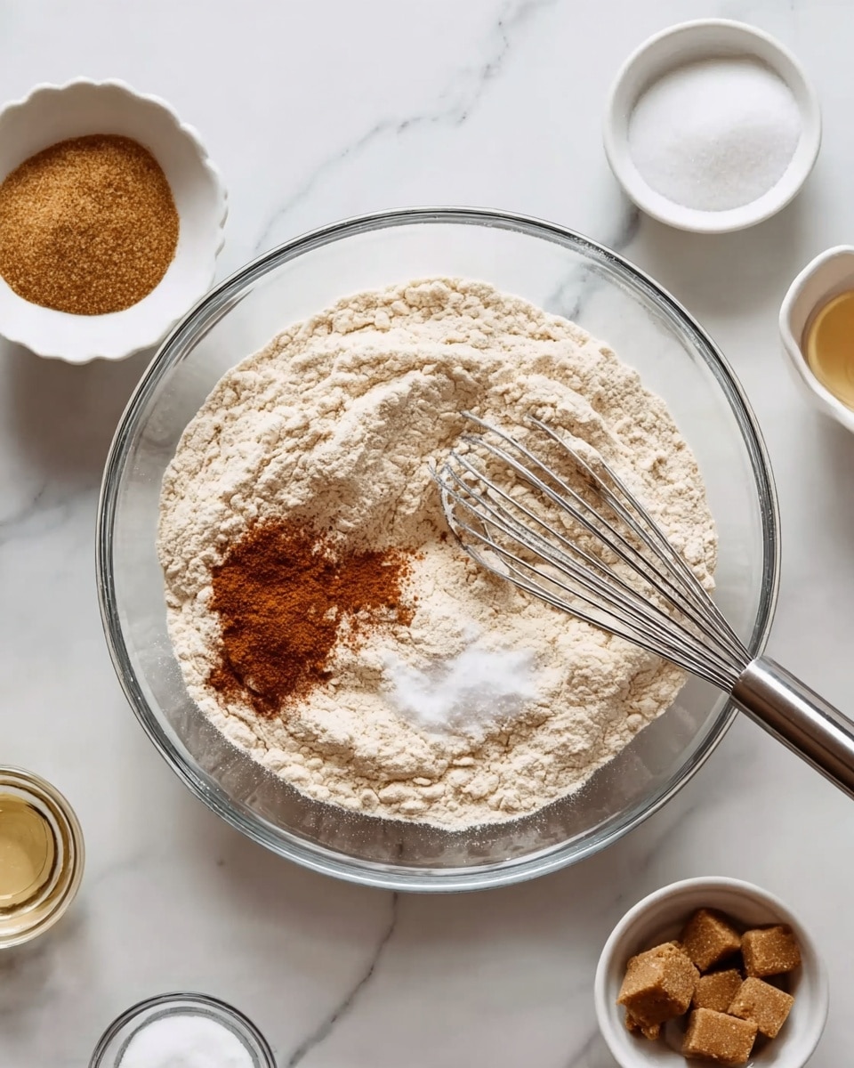 A clear glass bowl sits on a white marbled surface, filled with a thick layer of light beige flour mixed with white baking soda and a small pile of reddish-brown spices on one side, with a metal whisk resting on top of the mixture. Surrounding the bowl are small white bowls and containers holding brown sugar, white sugar, and an unknown liquid, all arranged neatly. The overall look shows the start of mixing dry ingredients for baking. Photo taken with an iphone --ar 4:5 --v 7