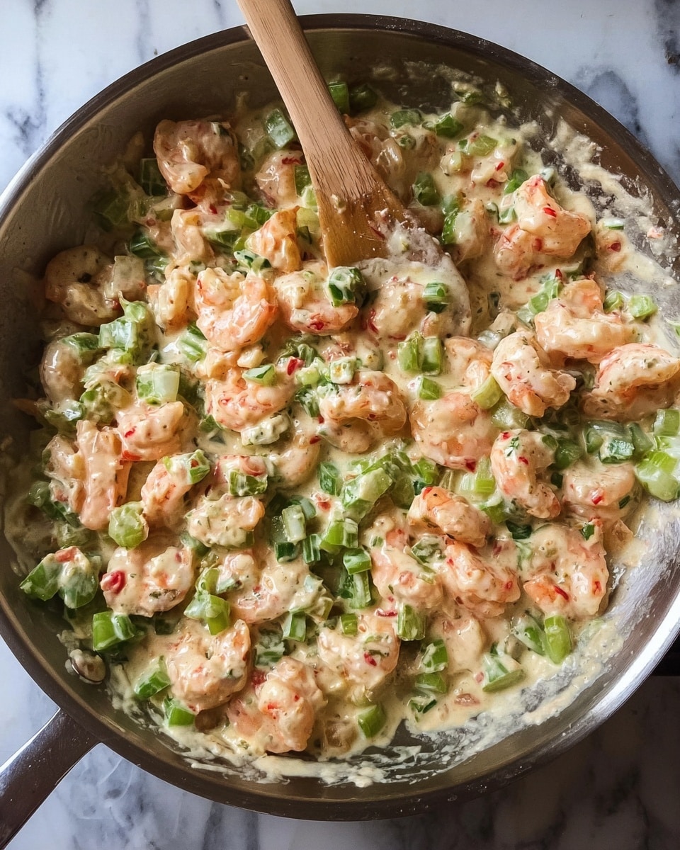 A close-up view of a pan filled with a creamy mixture of small shrimp and diced green bell peppers and onions. The shrimp are pale pink with red flecks, coated in a light creamy sauce with a smooth texture. The green bell peppers and onions are chopped into small pieces, scattered evenly throughout the dish. The pan is silver and sits on a stove, and a wooden fork with creamy sauce on its tines rests on the pan's edge. The background is a white marbled surface. photo taken with an iphone --ar 4:5 --v 7