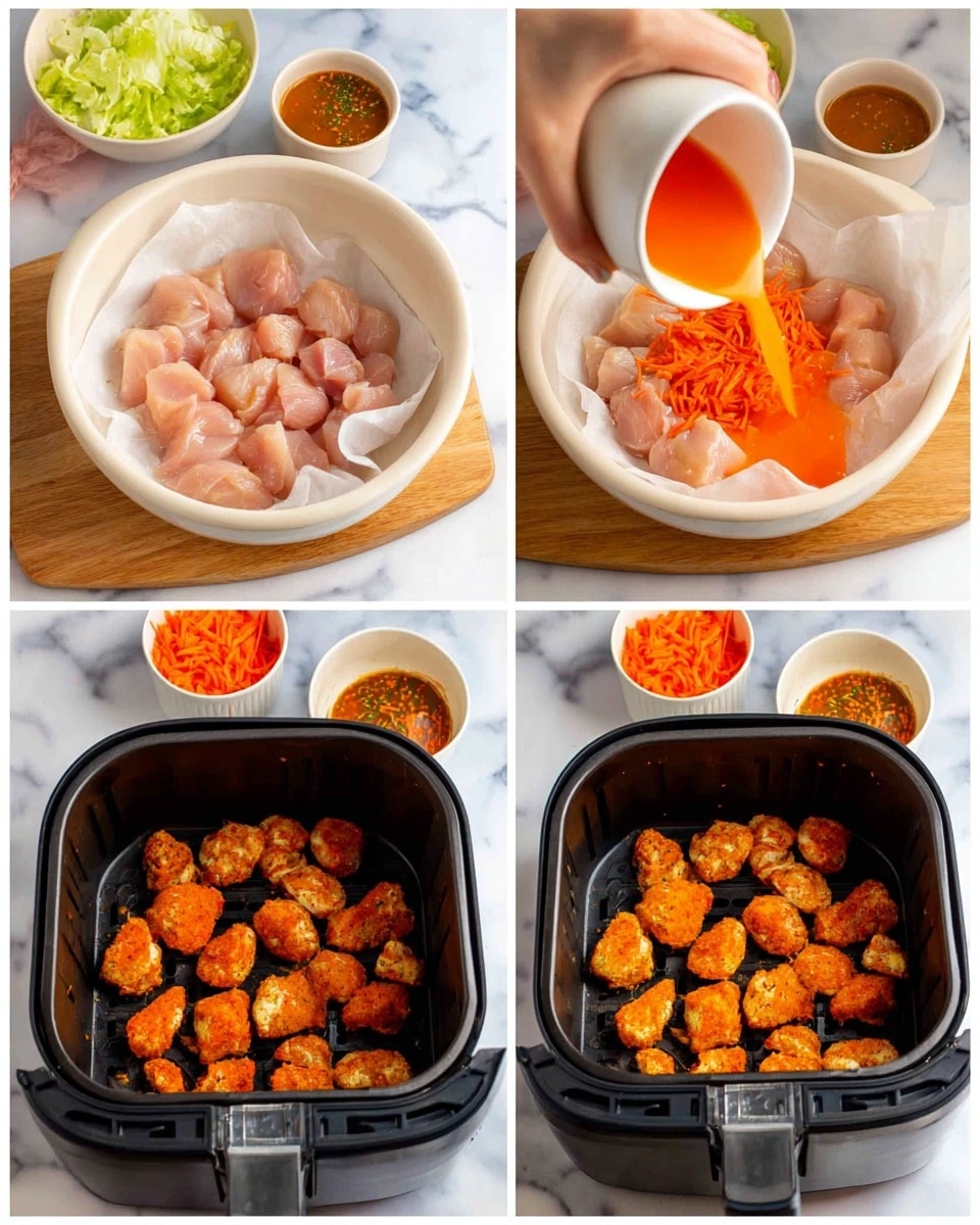 The image shows four steps in a cooking process. The first image has one layer of raw pink chicken pieces in a white bowl on a wooden board with white parchment paper, beside a small container of bright orange sauce and shredded carrots. In the second image, a woman's hand pours the same bright orange sauce over the chicken pieces in the white bowl. The third image shows the orange-coated chicken pieces spread out in one layer inside a black air fryer basket. The fourth shows the cooked chicken pieces in the basket, now golden orange and slightly browned, still in one layer. The background is a white marbled surface with small bowls of carrots and lettuce nearby. Photo taken with an iphone --ar 4:5 --v 7