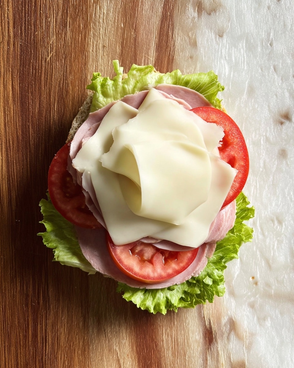The image shows a pile of a mixed salad on a wooden cutting board with various chopped ingredients. The salad has layers of light green lettuce, pale creamy slices of cheese, pink pieces of ham, thin slices of purple onion, red tomato chunks, and green pickle bits. All the ingredients are blended and appear fresh with a creamy dressing coating them. A large metal spatula rests on the pile, and a woman's hand is visible holding the cutting board. The background and surface are a white marbled texture. photo taken with an iphone --ar 4:5 --v 7