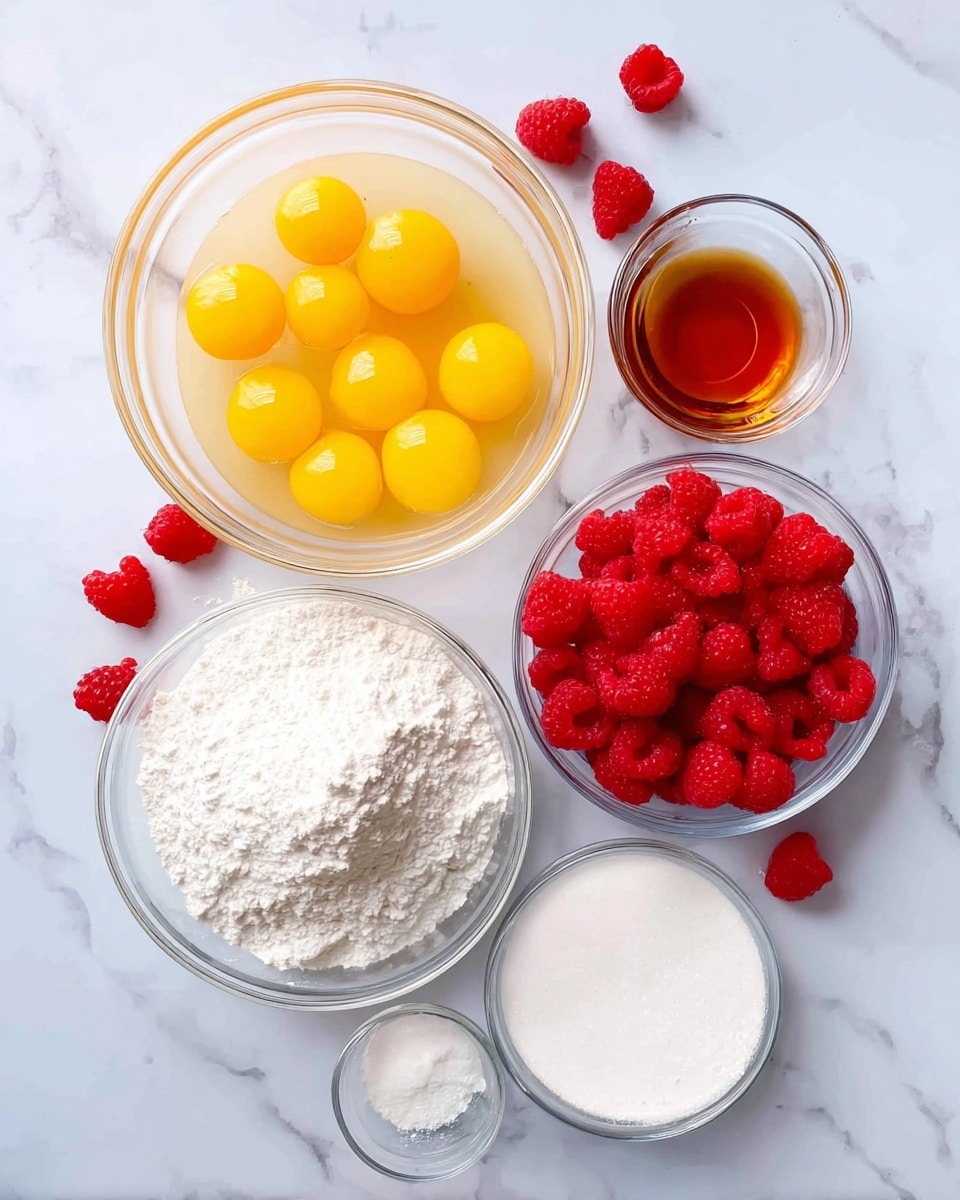 The image shows various baking ingredients in clear glass bowls placed on a white marbled surface. In the top left, there is a large bowl with many yellow egg yolks floating in a clear liquid. To the right of that, a smaller bowl holds a dark amber liquid, possibly vanilla extract. Below these, a big bowl is filled with white granulated sugar, while next to it on the right is a bowl full of bright red fresh raspberries. Another large bowl containing white flour is placed below the sugar, and beside it a smaller bowl has a white powdery ingredient, likely baking powder or cornstarch. Scattered around the bowls are a few loose raspberries, adding a splash of color. The setup is neat and bright. Photo taken with an iphone --ar 4:5 --v 7