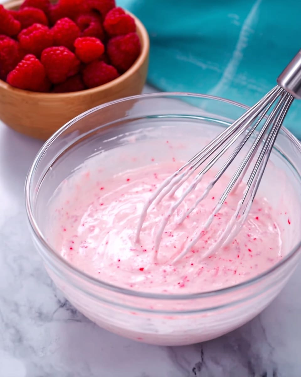 A clear glass bowl holds a light pink mixture with small red specks swirled through it, and a stainless steel whisk is partially submerged in the creamy mixture. Behind the bowl, there is a small wooden bowl filled with bright red raspberries. The scene is set on a white marbled surface, bright and clean, with a blue background adding contrast. The texture of the mixture looks smooth and slightly thick but soft. photo taken with an iphone --ar 4:5 --v 7