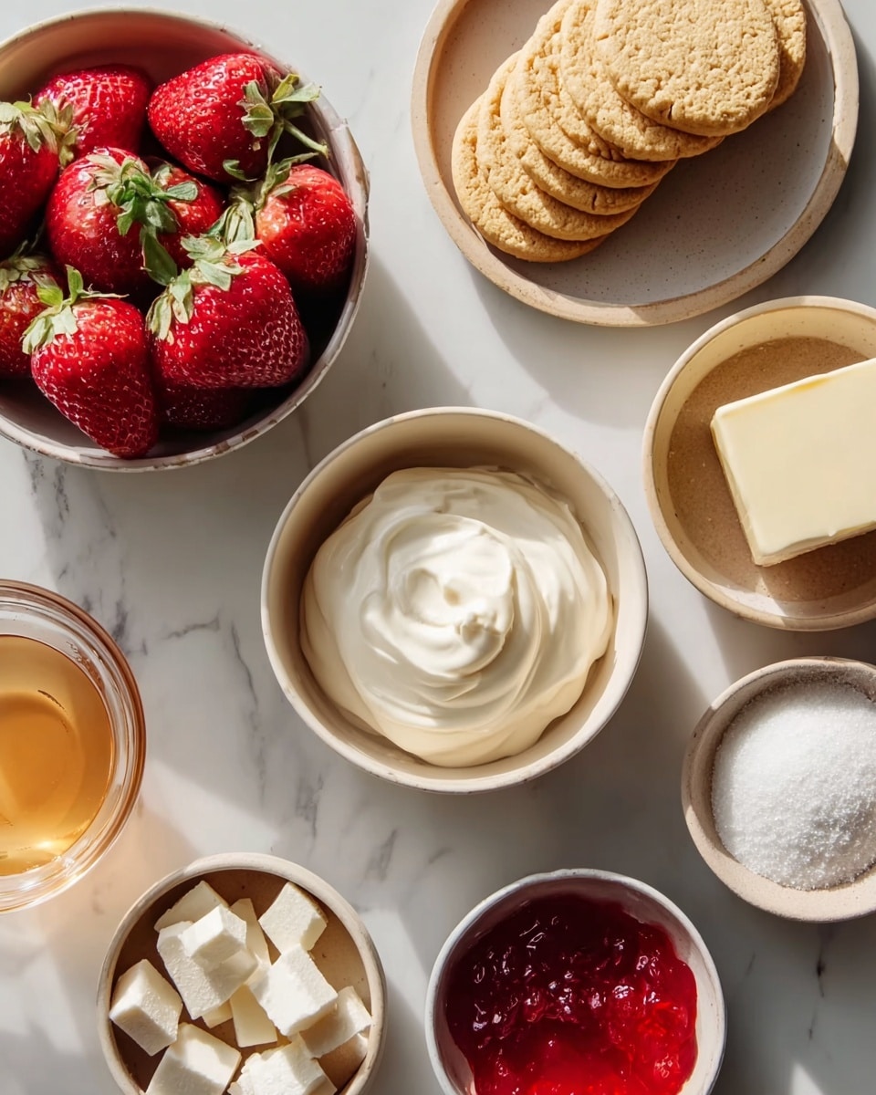 The image shows a top view of several small beige bowls placed on a white marbled surface. One bowl is filled with fresh, bright red strawberries with green tops, another holds a smooth swirl of white cream in the center. A third bowl contains golden round biscuits stacked neatly, while a separate bowl has small white cubes of cheese. Nearby is a small container filled with clear, golden honey and another bowl with bright red jelly with a slightly glossy texture. A pale beige plate holds a rectangular block of butter. There is also a small bowl containing fine white sugar. The lighting is soft and natural, highlighting the different colors and textures of the ingredients photo taken with an iphone --ar 4:5 --v 7