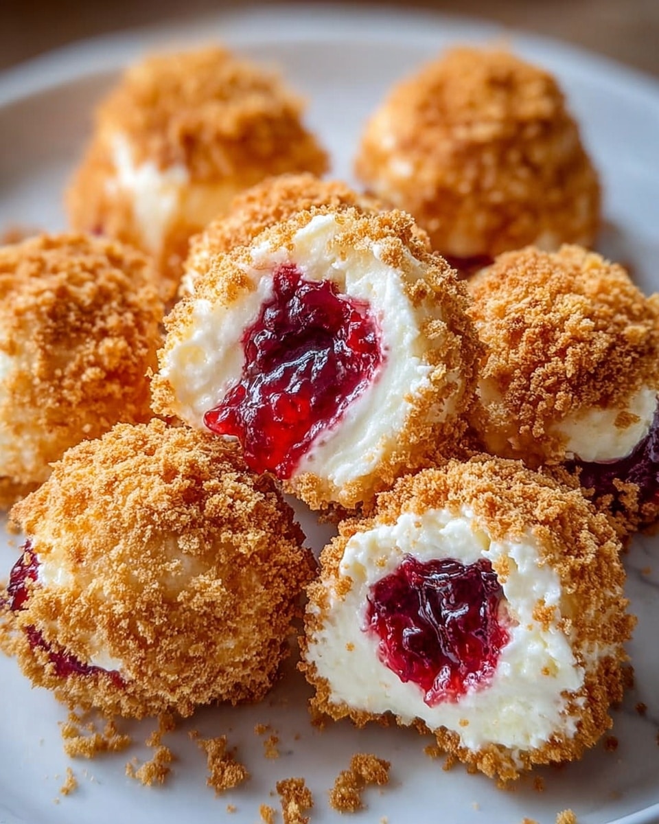 The image shows several round dessert balls arranged closely on a white plate, each ball having three distinct layers: a crunchy golden brown crumb coating on the outside, a creamy white middle layer that looks soft, and a bright red jam center that is slightly glossy and textured. The balls are clustered together on a white marbled surface, with some crumbs scattered around them. The focus is on the front balls, showing the textures clearly and the deep red jam filling contrasting with the creamy white layer and crumbly outer layer. photo taken with an iphone --ar 4:5 --v 7