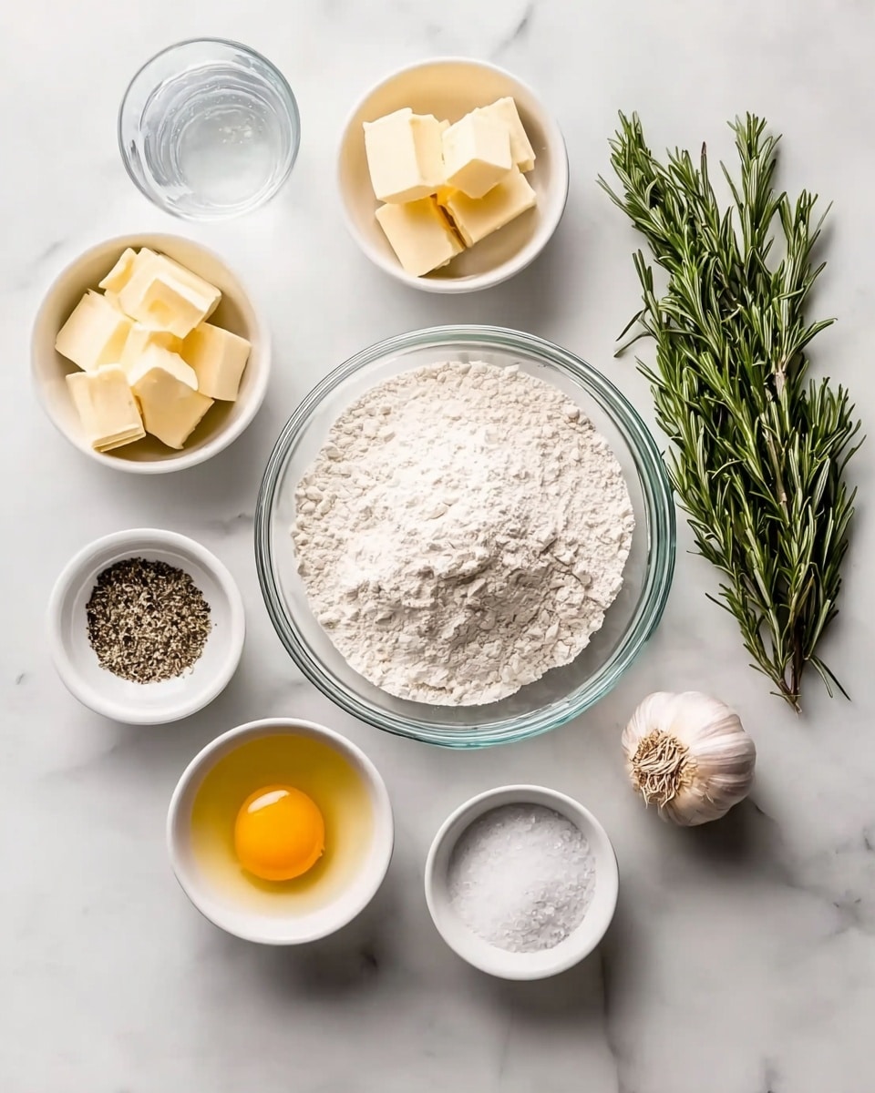 A top-down view of several ingredients arranged neatly on a white marbled surface, centered by a large clear glass bowl filled with white flour. Surrounding it are six smaller white bowls containing different ingredients: overlapping butter squares in one, fine salt in another, cracked black pepper, and a single egg yolk in another. There is also a clear glass of water, a bulb of garlic with some cloves partly peeled beside it, and a bunch of fresh green rosemary sprigs positioned to the right. The layout is clean and organized, with each item clearly visible. photo taken with an iphone --ar 4:5 --v 7