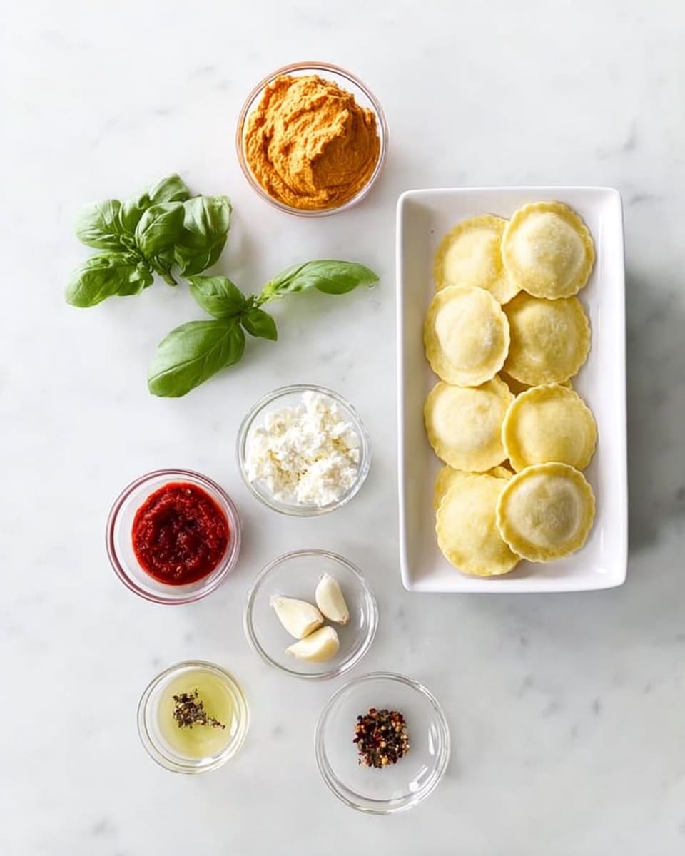The image shows a white rectangular dish filled with round, pale yellow ravioli with a slightly textured surface, placed at the top right. Around the dish on a white marbled surface are several small clear glass bowls and items spaced out evenly: at top left is a bowl with thick orange paste, at top right is a bowl with white crumbly cheese. Below the orange paste is a small bunch of fresh green basil leaves. Further down near the center is a cluster of three peeled garlic cloves. Below garlic towards the center are three more small bowls, one with deep red tomato paste, one with dark red chili flakes, and another with clear oil. At bottom left is a small bowl with black pepper. All elements are neatly arranged and spaced out. Photo taken with an iphone --ar 4:5 --v 7