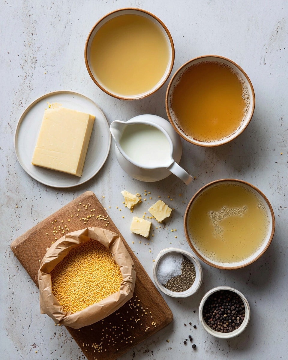 The image shows three bowls filled with different clear broths, each bowl having a light brown rim, placed on a white marbled surface. Below the bowls, a small white pitcher filled with milk is next to a square piece of butter on white parchment paper resting on a small white plate. To the left of the butter is a wedge of hard cheese with some small broken pieces beside it. Below the bowls, a wooden cutting board holds a brown paper bag opened and filled with yellow cornmeal spilling slightly onto the board. To the right side of the board, two small white bowls contain whole black peppercorns and coarse salt. Photo taken with an iphone --ar 4:5 --v 7