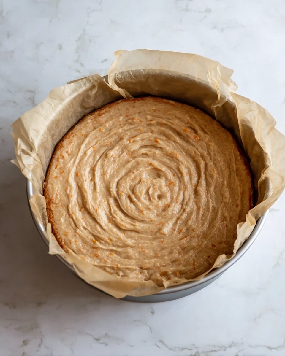 A close-up view of a round metal pan lined with crumpled light brown parchment paper extending beyond the pan’s edge, filled with a thick light brown batter with small orange flecks, swirled in a circular pattern on top, all placed on a white marbled texture surface. photo taken with an iphone --ar 4:5 --v 7
