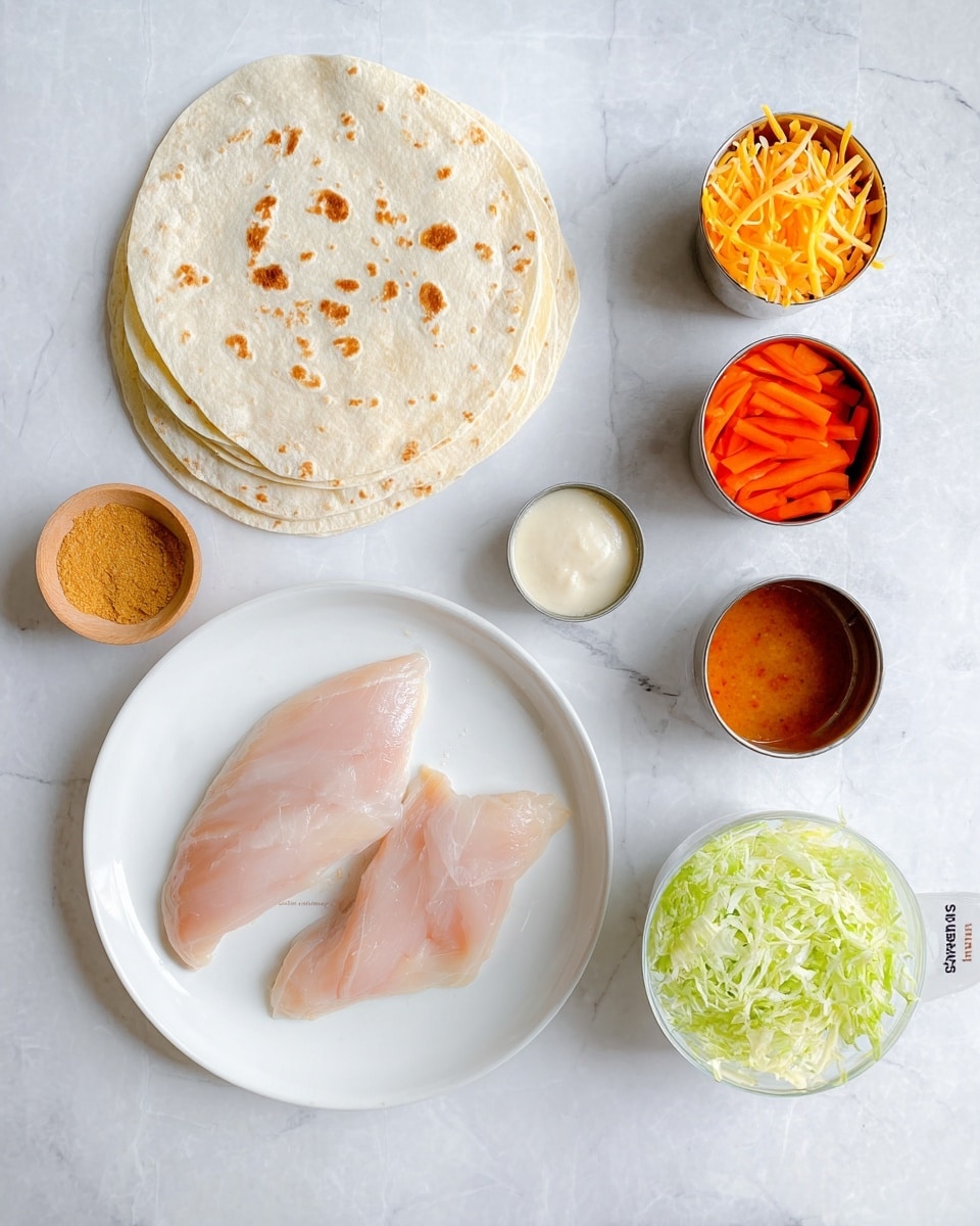 The image shows ingredients for a wrap laid out on a white marbled surface. At the top left, there is a stack of light beige wraps with brown spots. Below the wraps, on a white plate, there are two pale pink pieces of uncooked meat. To the right of the meat plate, three small metal containers hold different items: one with orange sauce, one with sliced orange carrots, and one with white sauce. On the bottom left, a small wooden bowl has a light brown powder inside. Next to it, there is a white bowl filled with shredded orange cheddar cheese. To the right of the cheese, a white measuring cup is filled with light green shredded lettuce. The colors are soft and fresh, and everything is neatly arranged. photo taken with an iphone --ar 4:5 --v 7