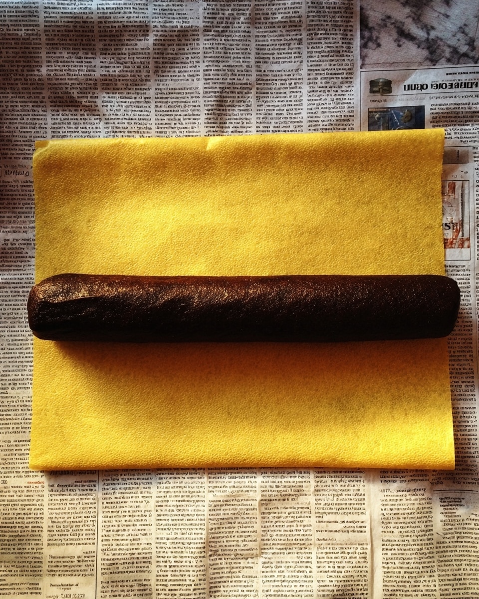 The image shows a single long, smooth roll of light beige dough with a soft texture, dotted with small pieces of green and brown nuts scattered on the surface. The roll is placed horizontally on a flat surface covered with printed newspaper sheets, with some extra small nut pieces scattered around it. The background features a white marbled texture. Photo taken with an iphone --ar 4:5 --v 7