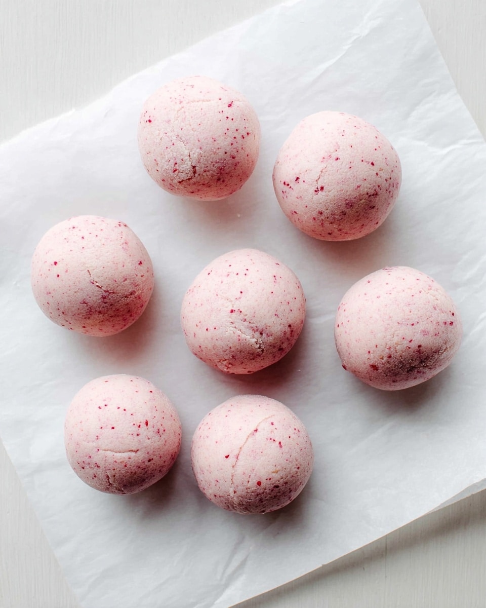 Eight soft, round pink dough balls with small red specks are placed on a sheet of white parchment paper. The balls look smooth with tiny cracks and have a light powdery texture. They are arranged loosely in two uneven rows on a white marbled surface. The natural light highlights their soft pastel color and delicate texture. photo taken with an iphone --ar 4:5 --v 7